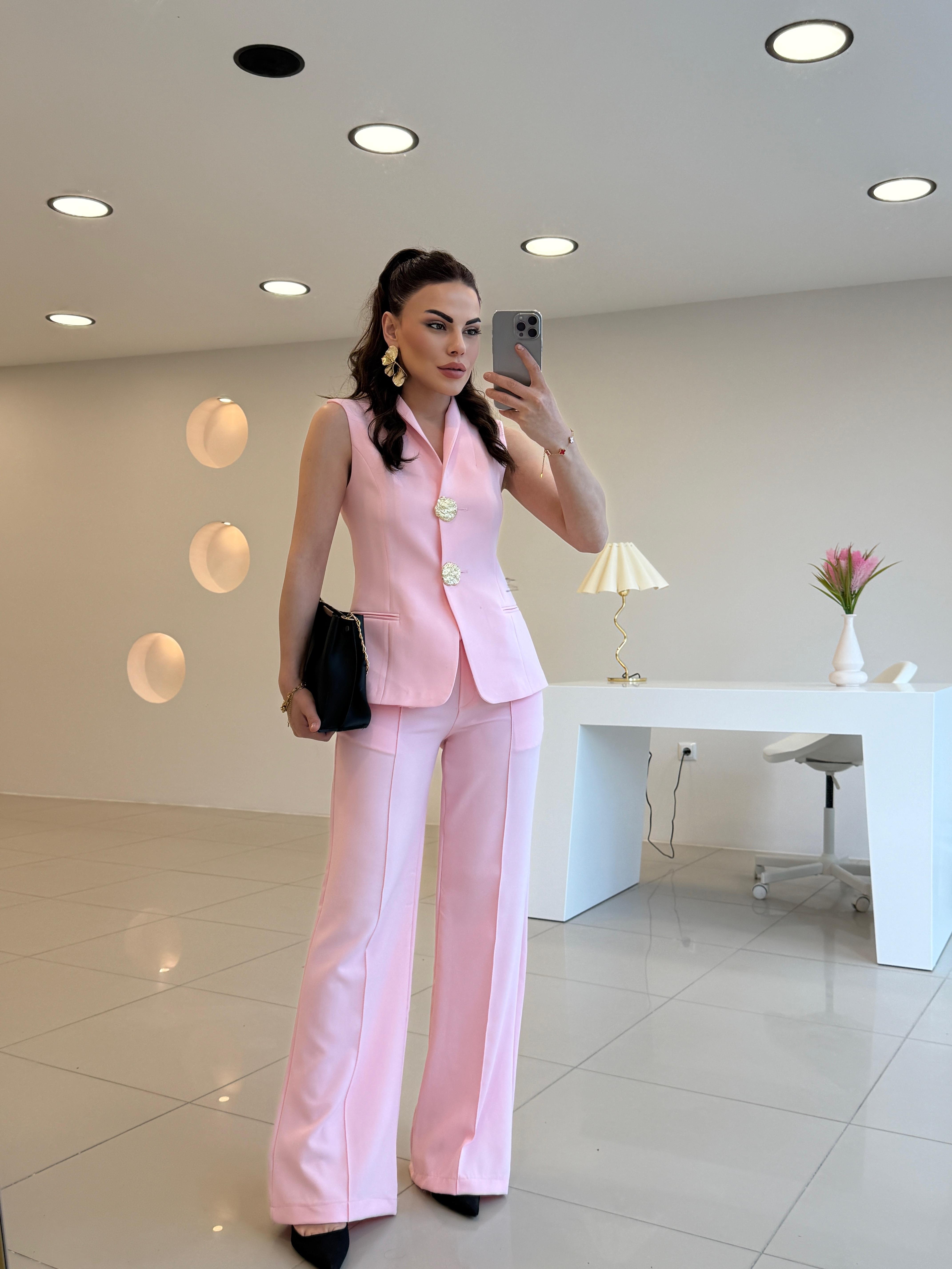 GOLD DÜĞMELİ YELEKLİ TAKIM PEMBE