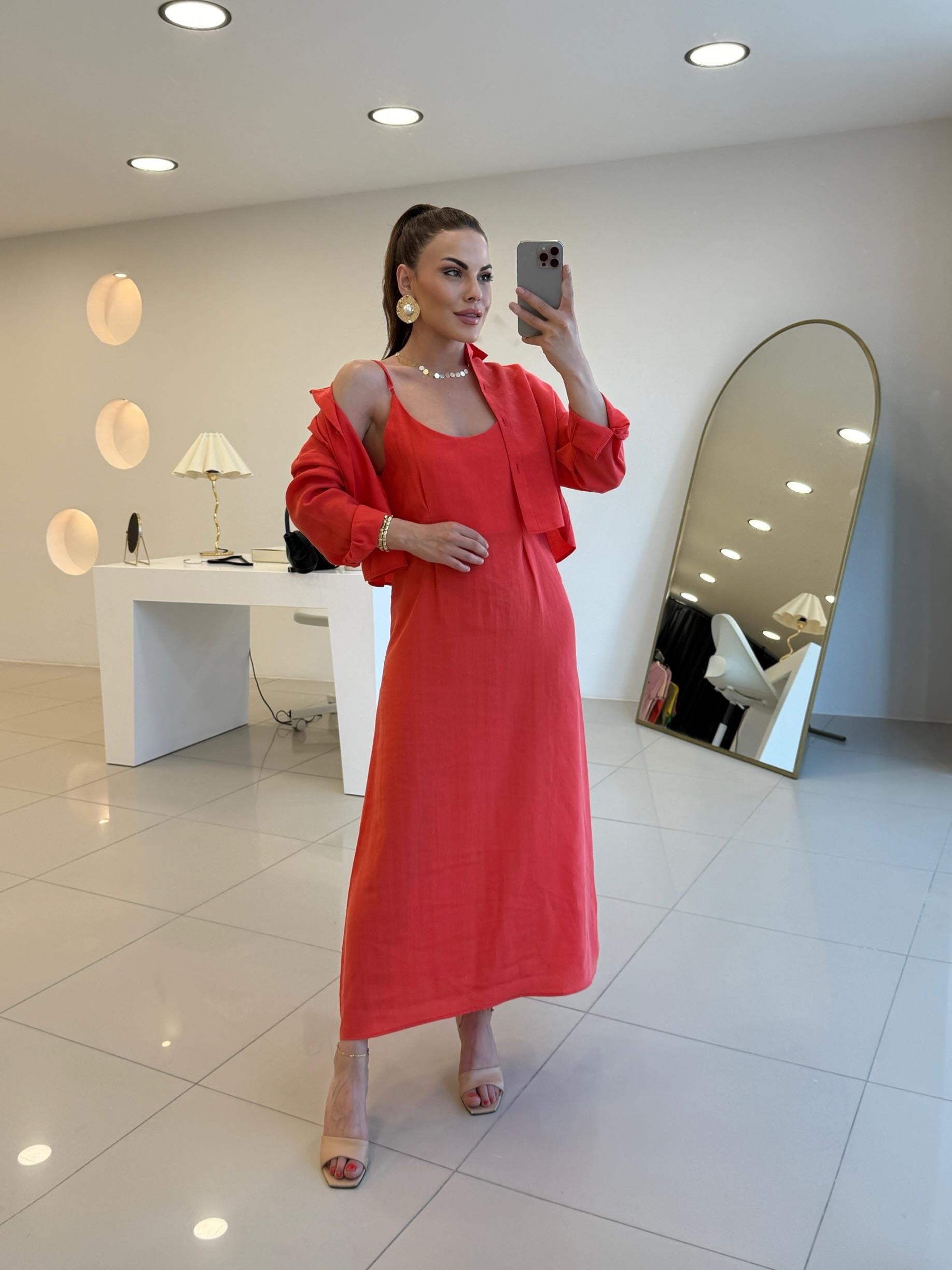 GÖMLEKLİ İP ASKILI TAKIM ELBİSE NAR ÇİÇEĞİ