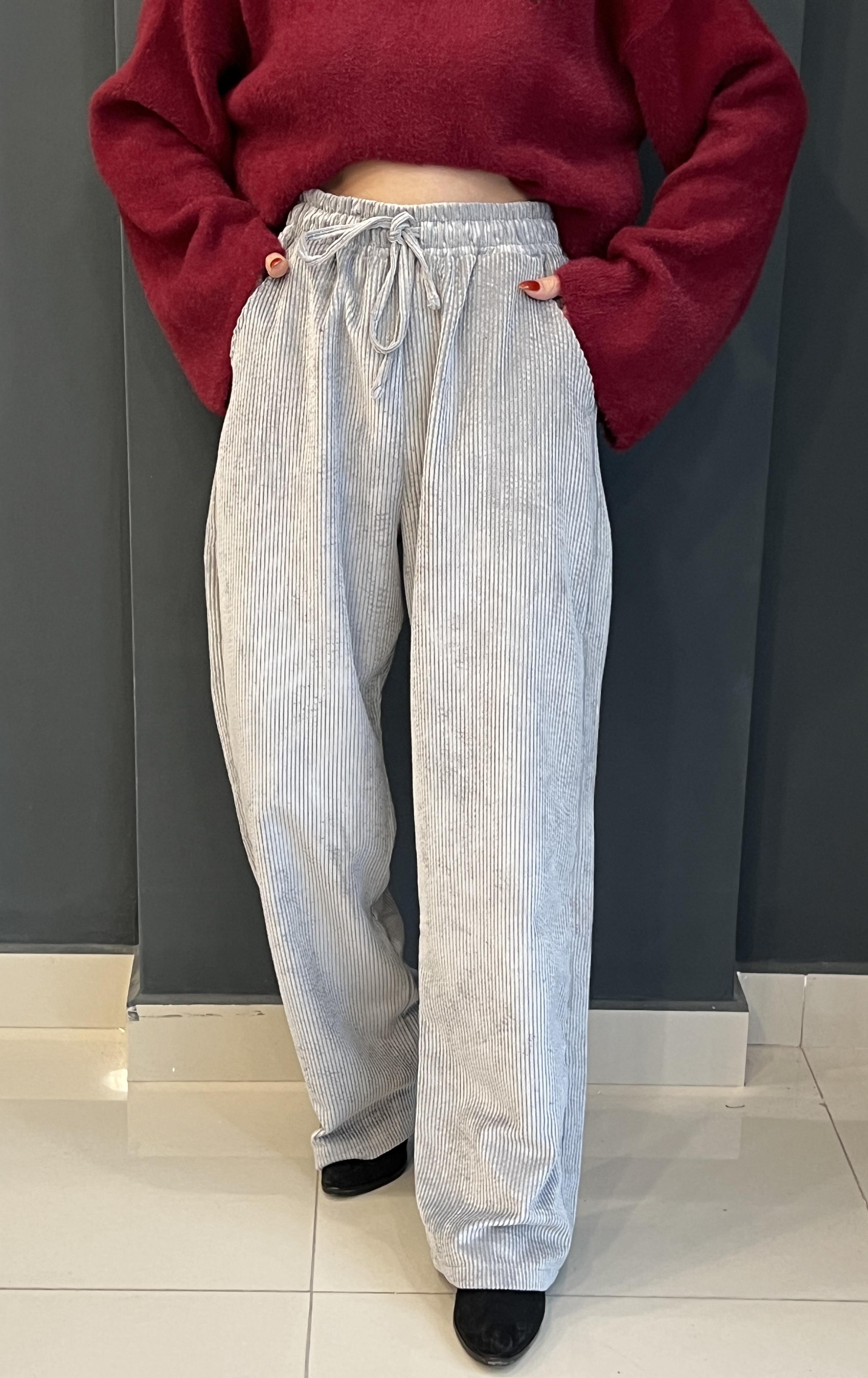 GRİ BELİ LASTİKLİ FİTİLLİ KADİFE PANTOLON 