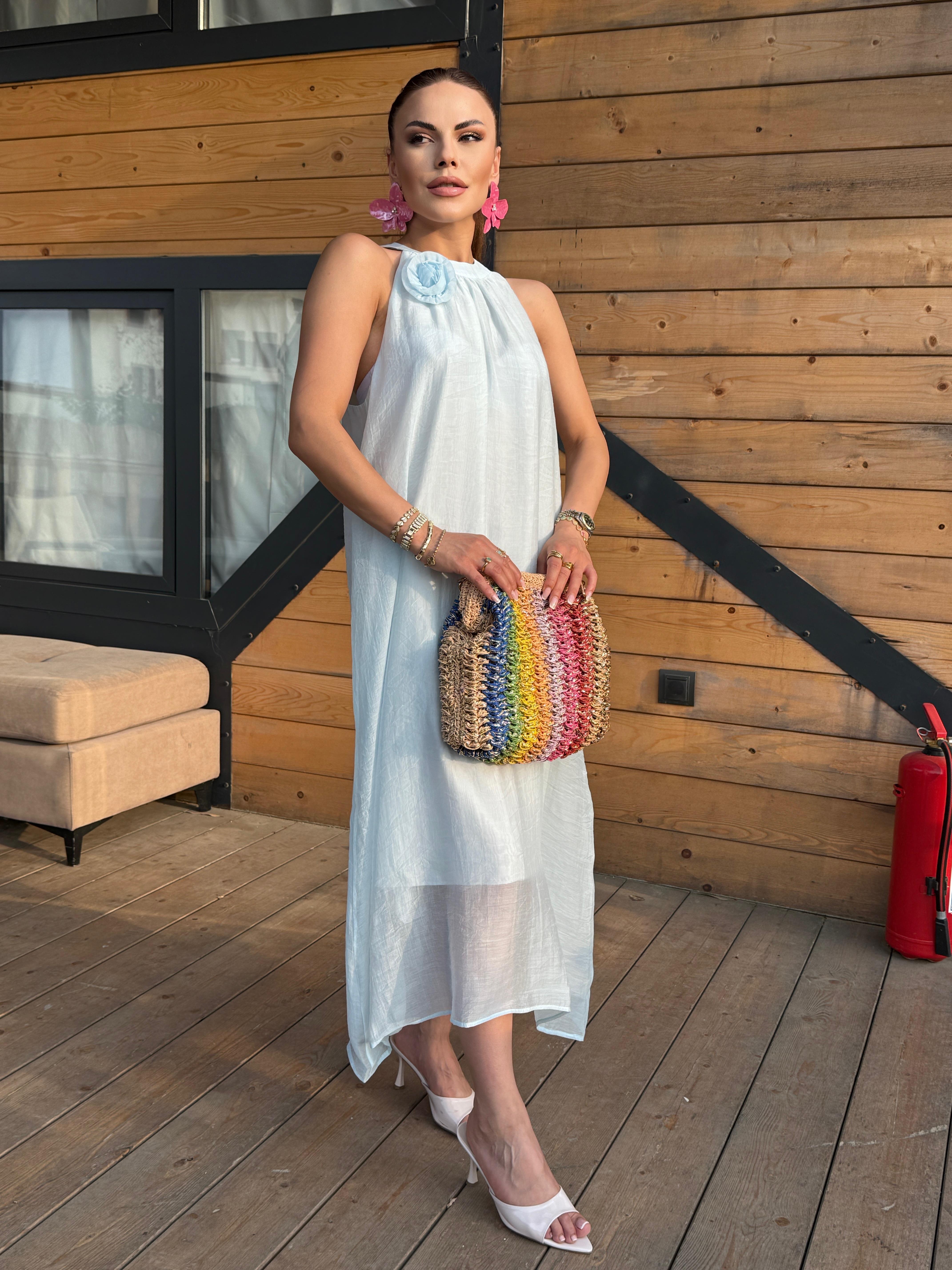 HALTER YAKA GÜLLÜ ORGANZE ELBİSE MAVİ