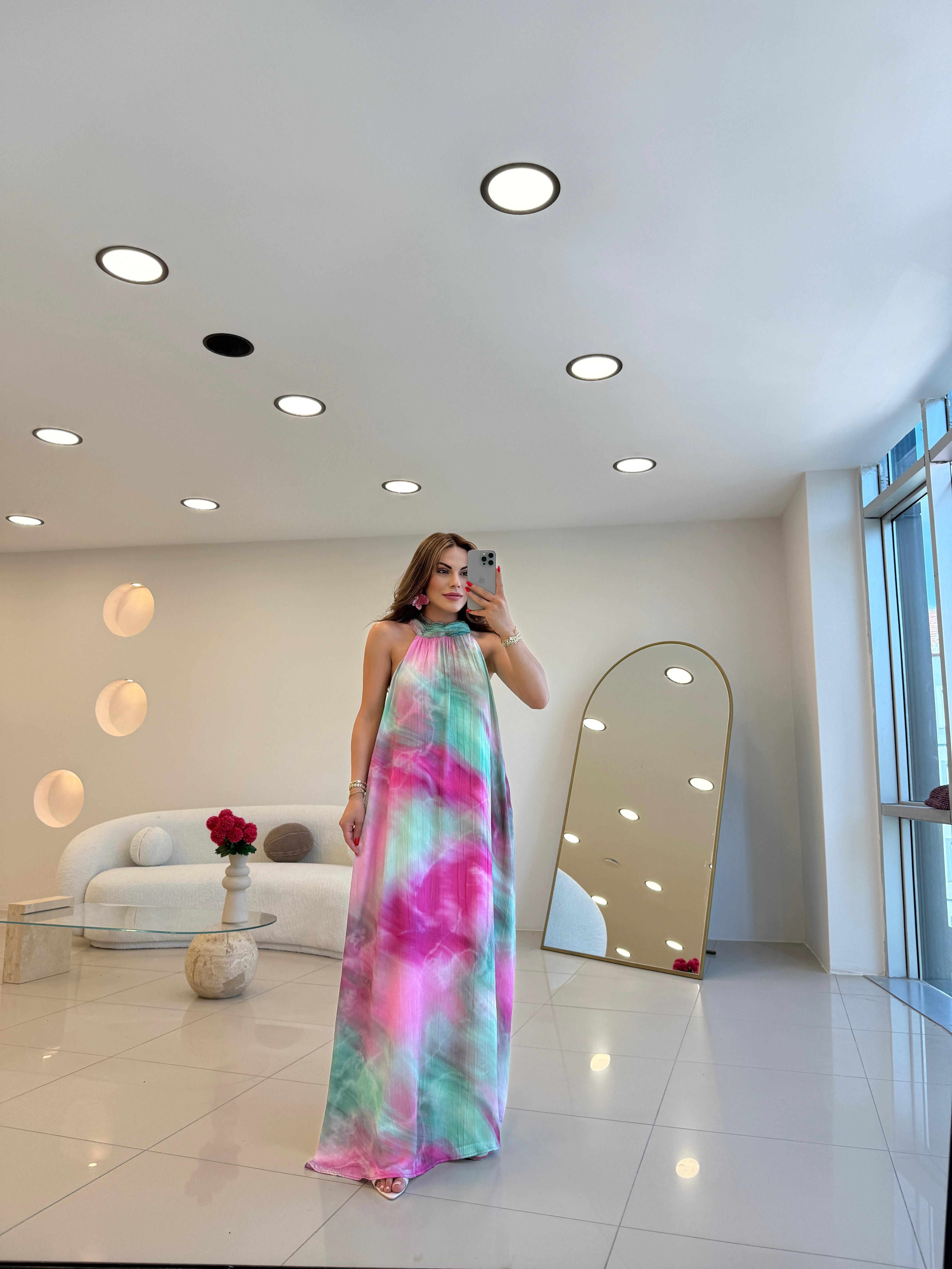 HALTER YAKA RENK GEÇİŞLİ SATEN ELBİSE PEMBE
