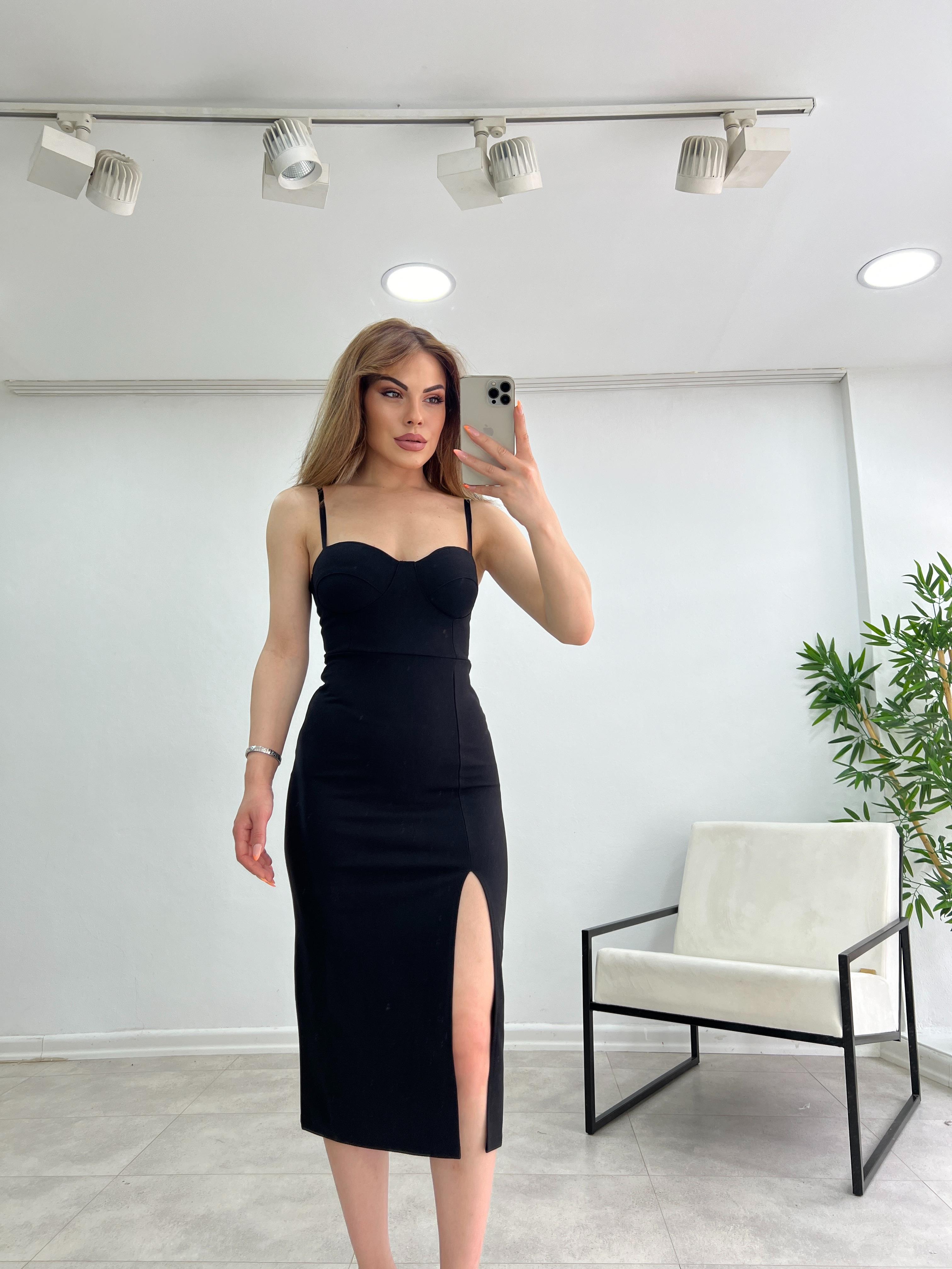 İNCE ASKILI KALEM ELBİSE SİYAH