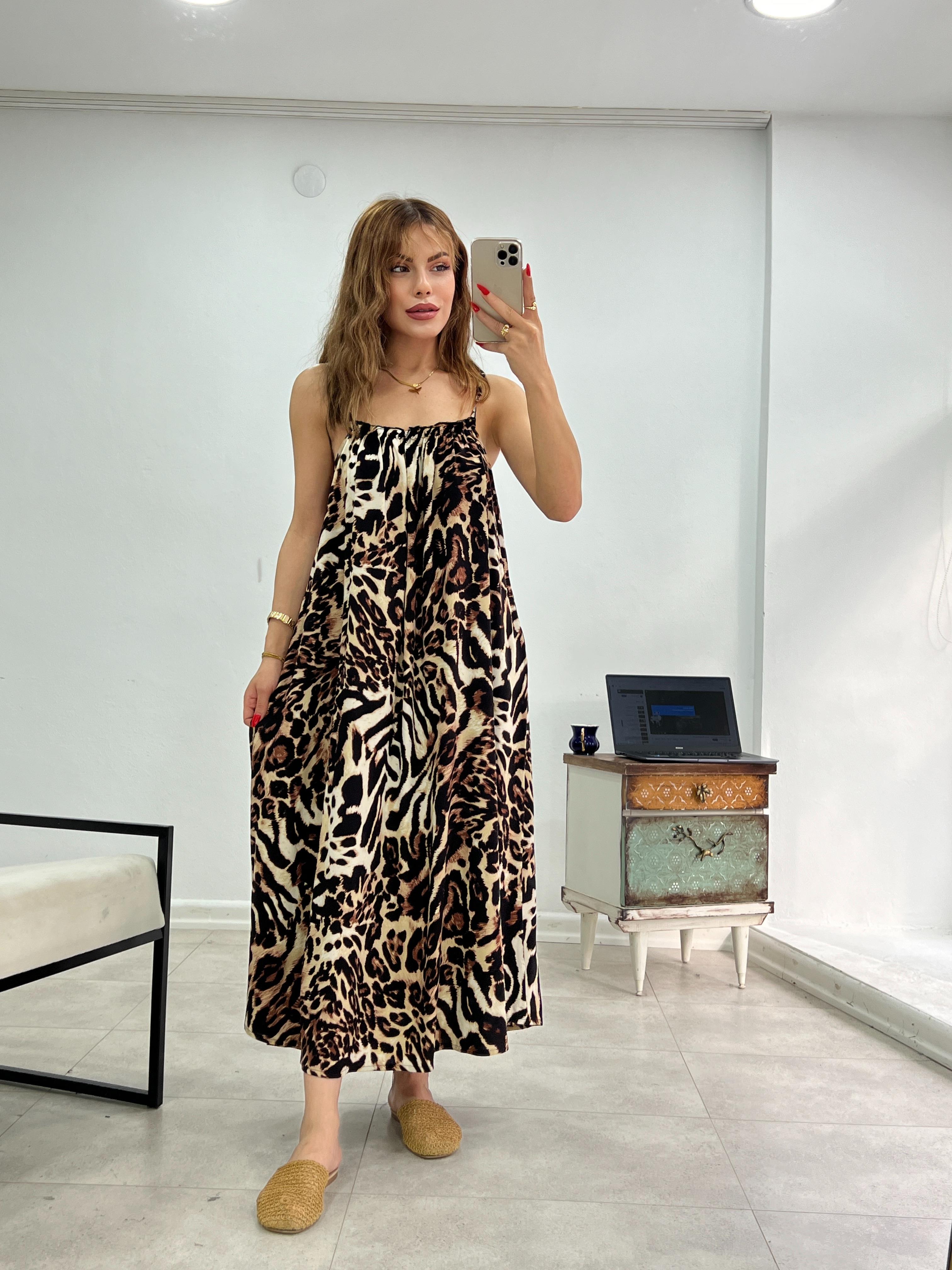 İNCE ASKILI LEOPAR SALAŞ ELBİSE 