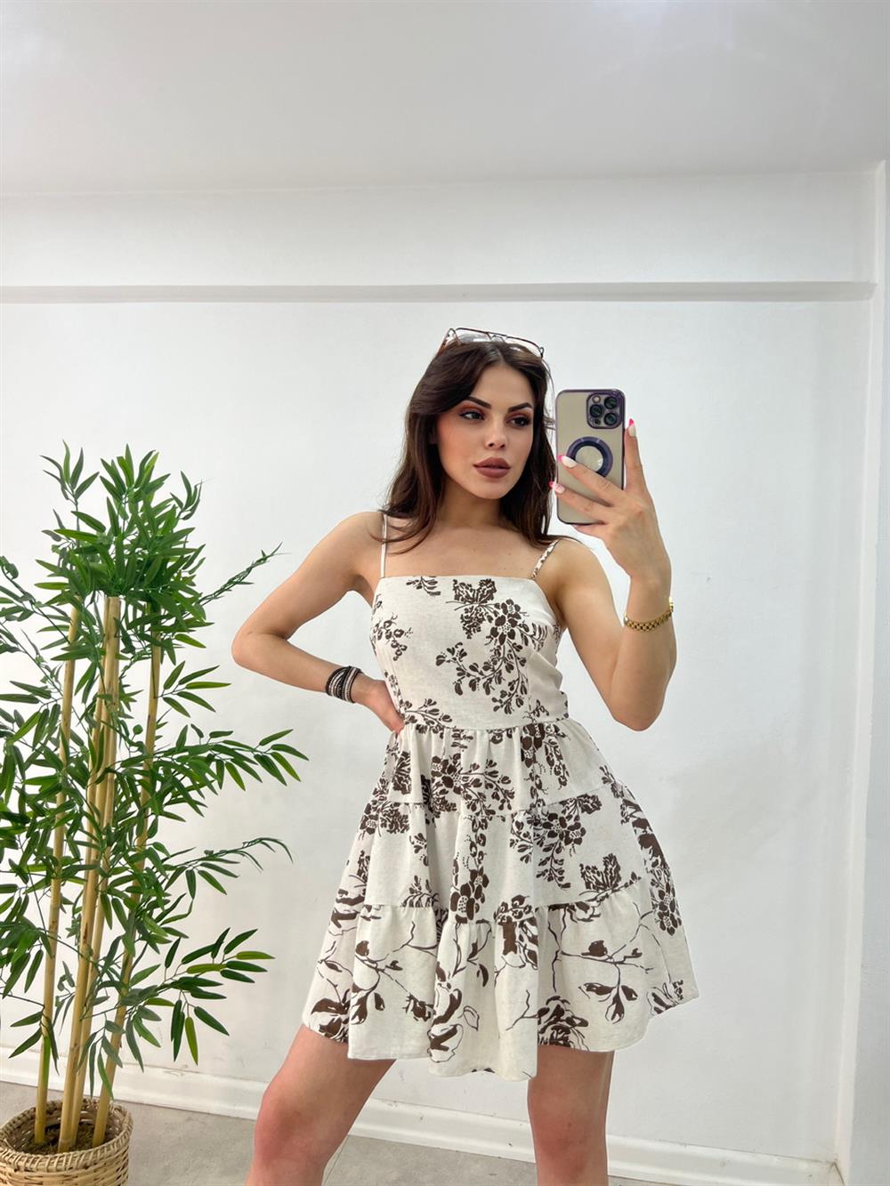 İNCE ASKILI MİNİ KETEN ELBİSE 