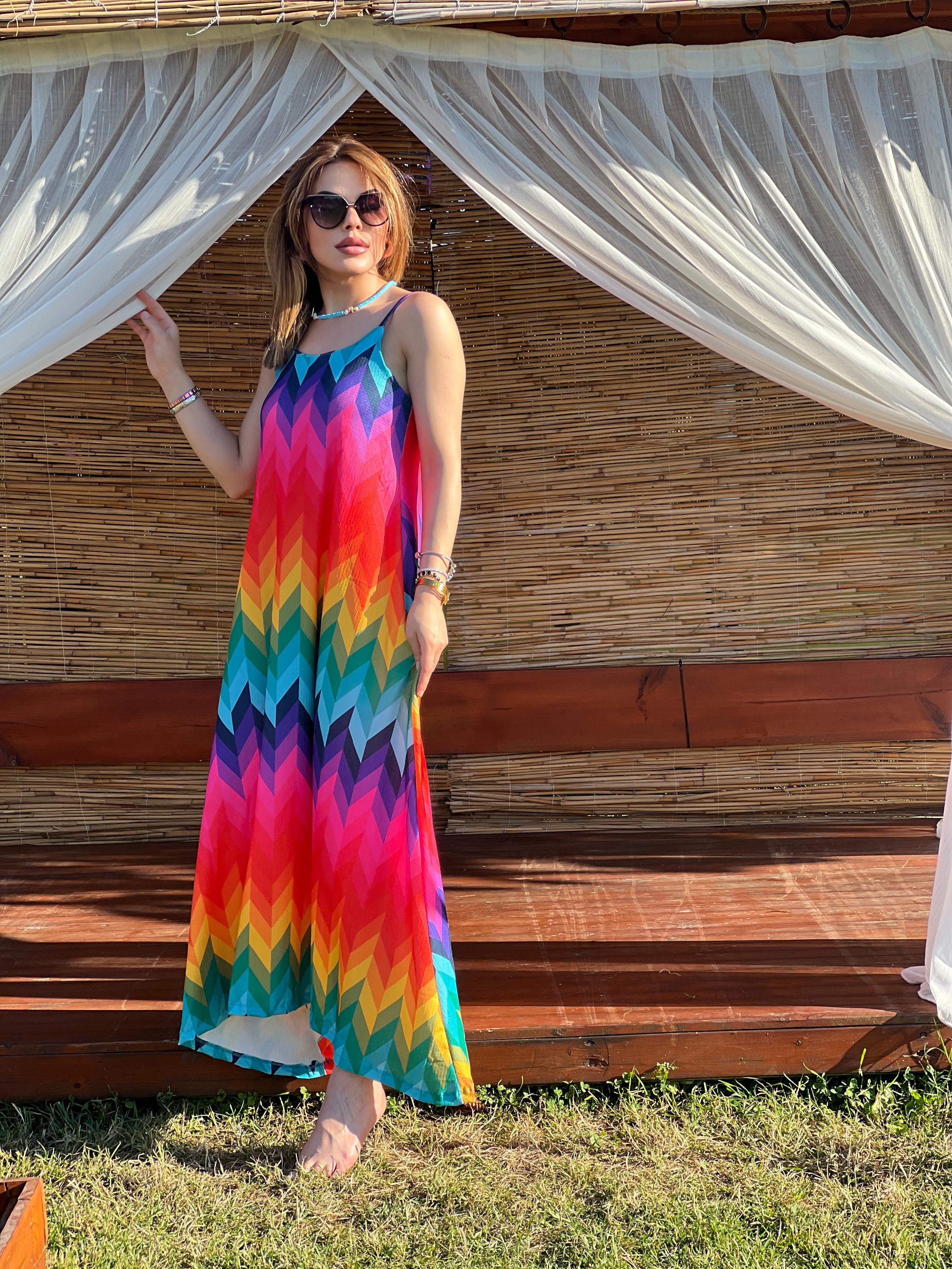 İNCE ASKILI RENKLİ ELBİSEE