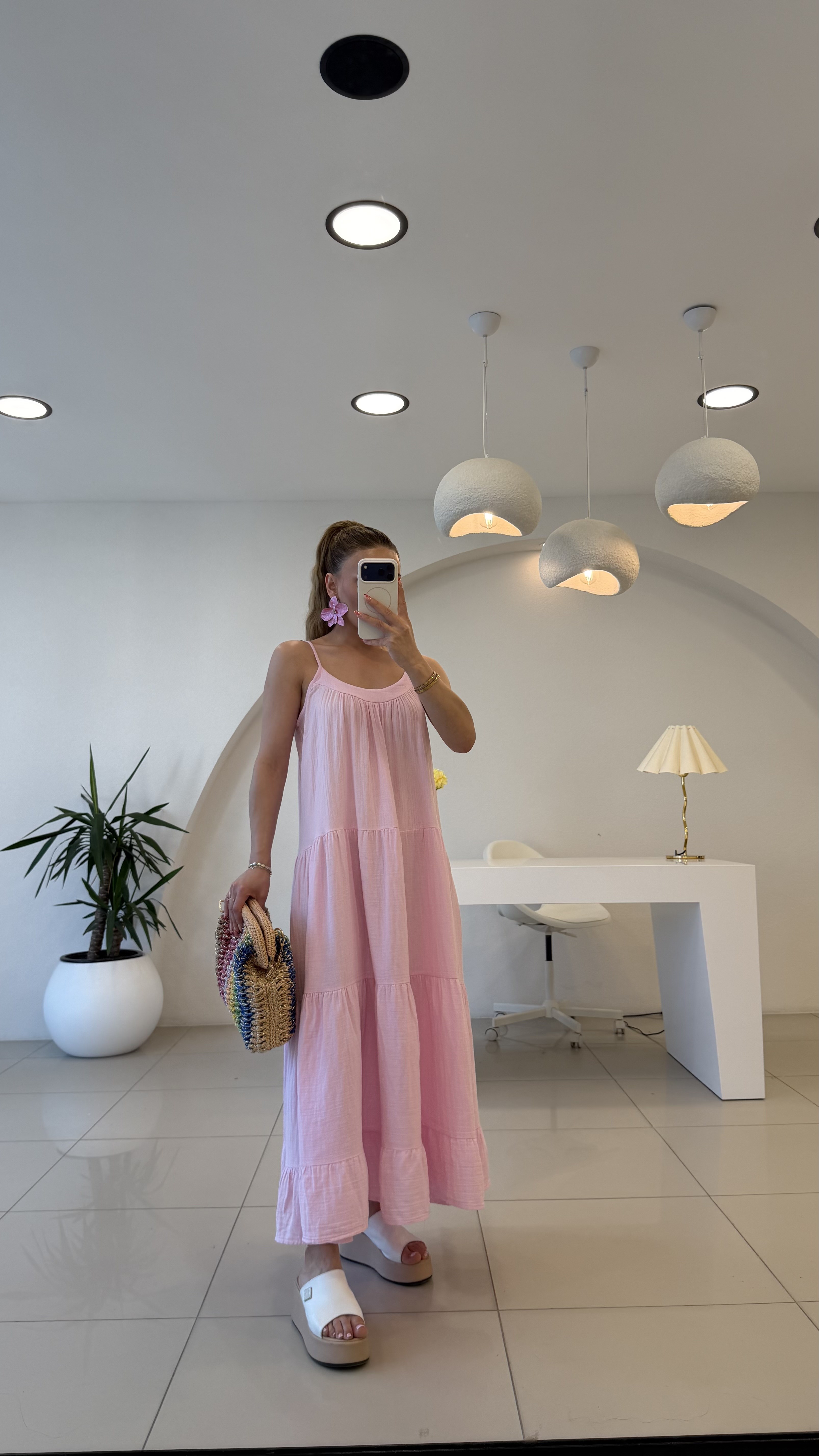 İP ASKILI SALAŞ KETEN ELBİSE  PEMBE