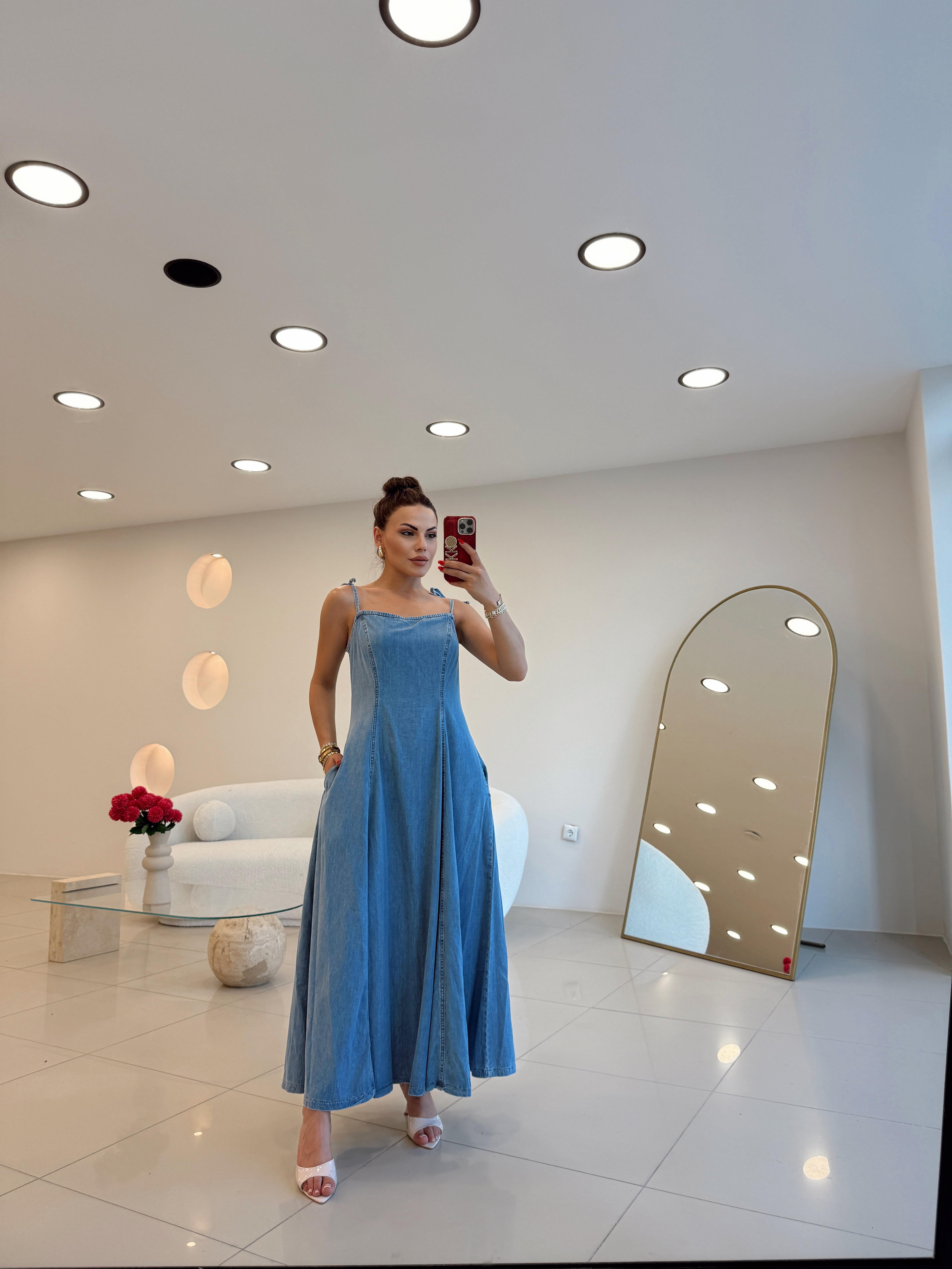 İP ASKILI VOLANLI  DENİM ELBİSE