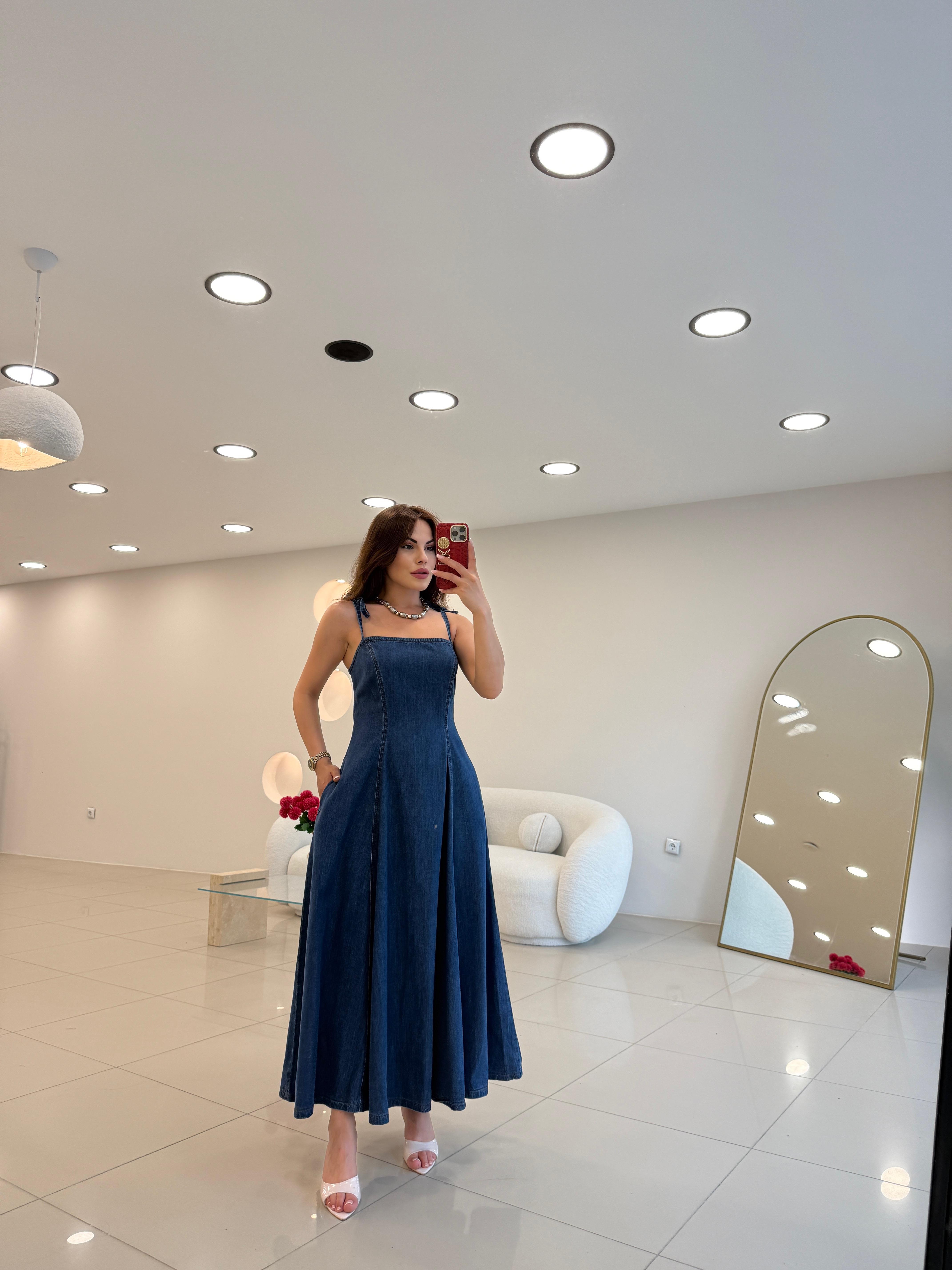 İP ASKILI VOLANLI DENİM ELBİSE