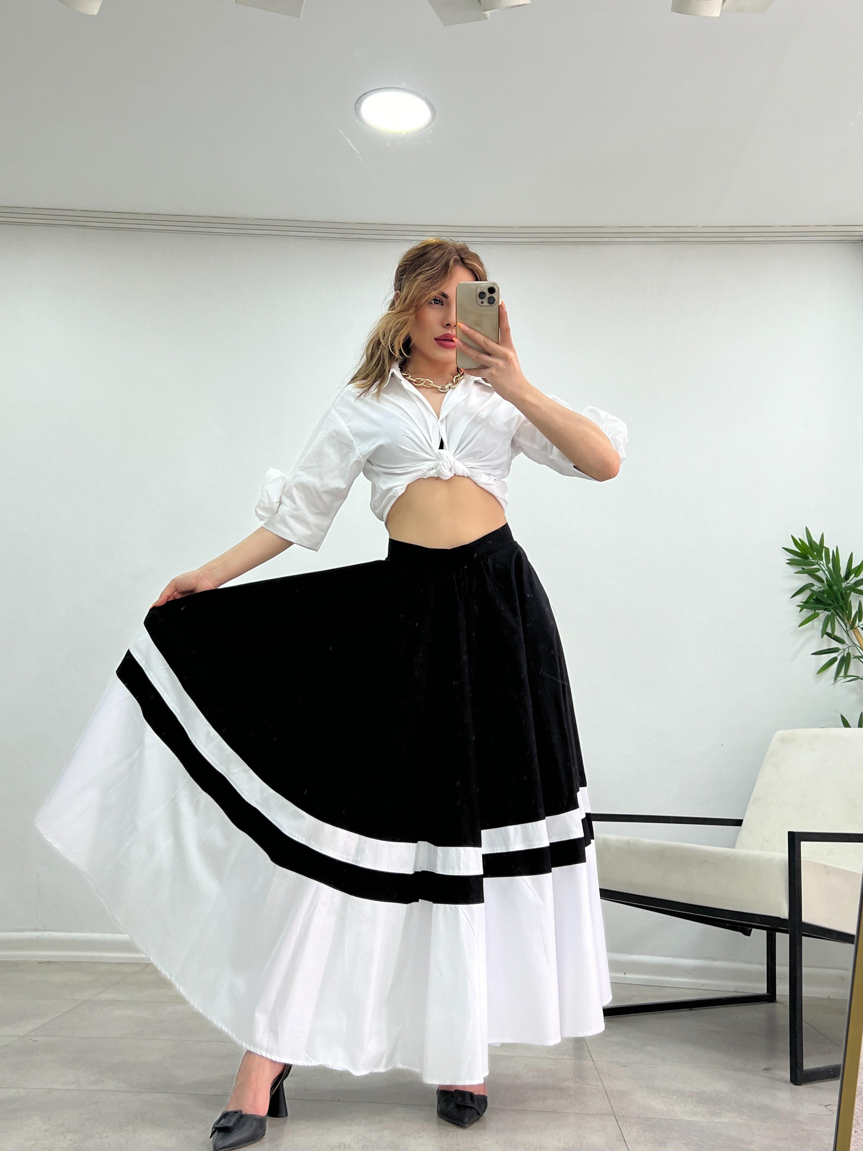 İTHAL POPLİN KUMAŞ ÖZEL SERİ SİYAH BEYAZ ETEK