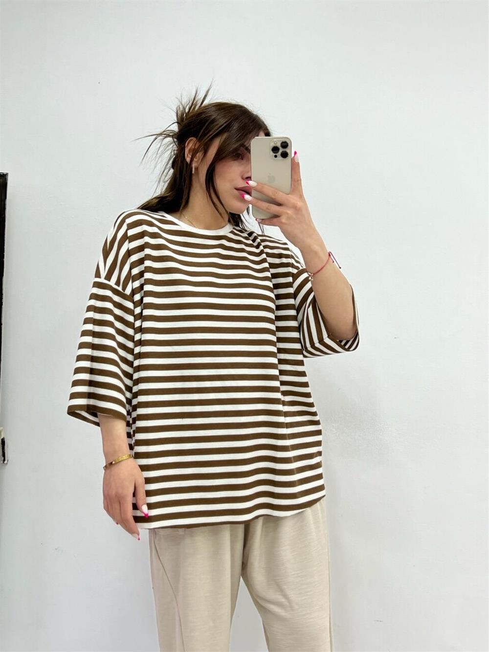 KAHVE ÇİZGİLİ TSHİRT