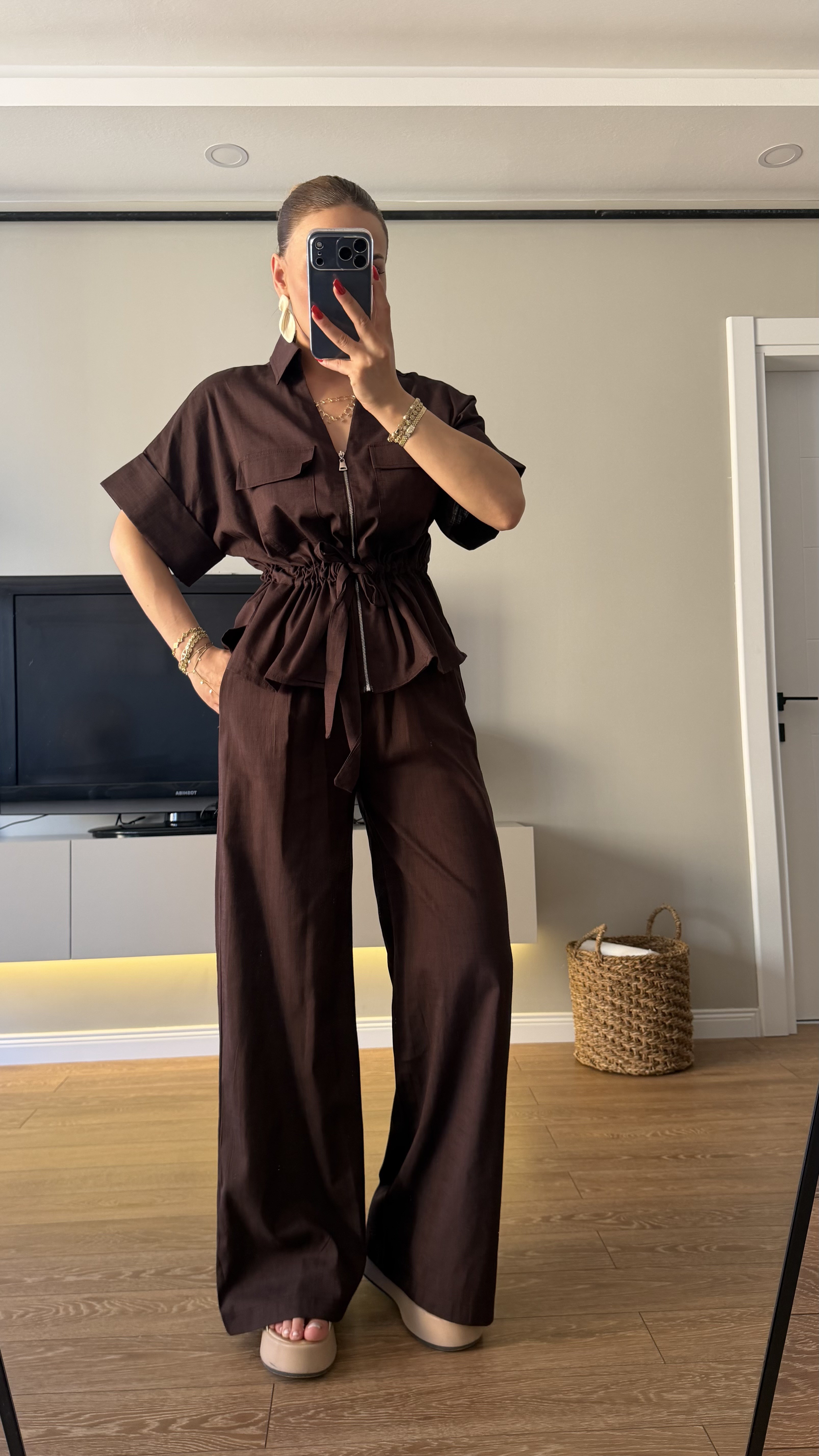 Kahve Keten Bel Bağlamalı İkili Takım