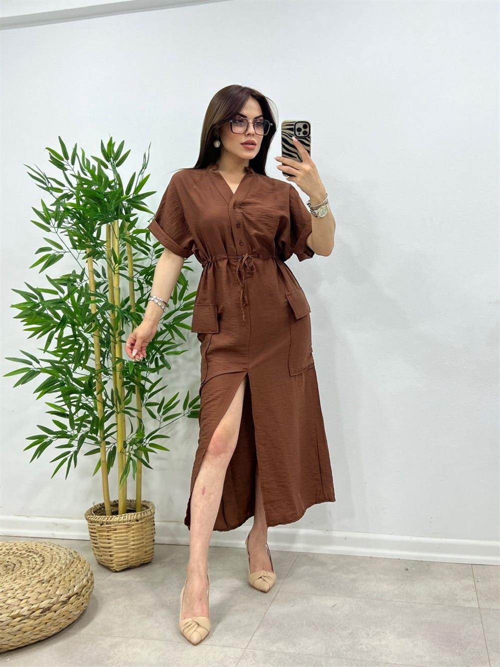KAHVE YIRTMAÇLI KETEN ELBİSE