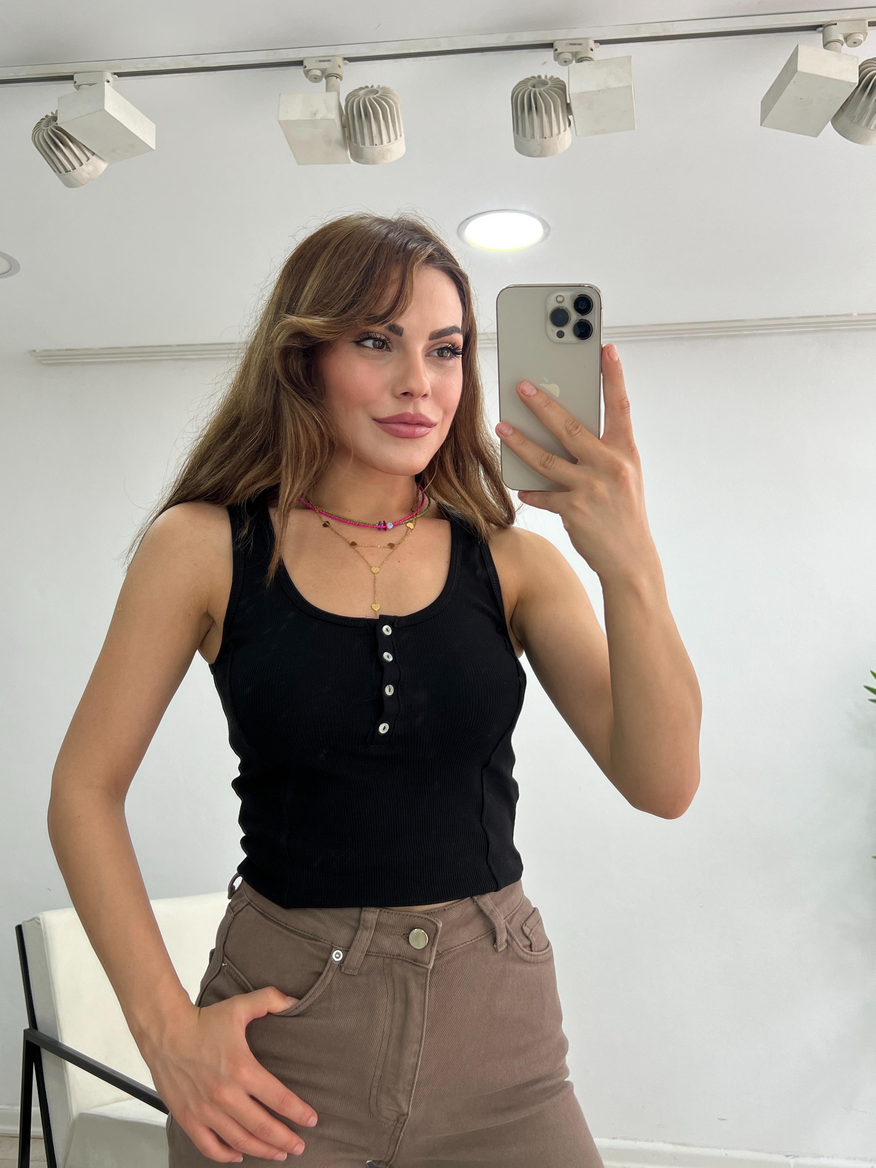 KALIN ASKILI ÖNÜ DÜĞMELİ ATLET SİYAH