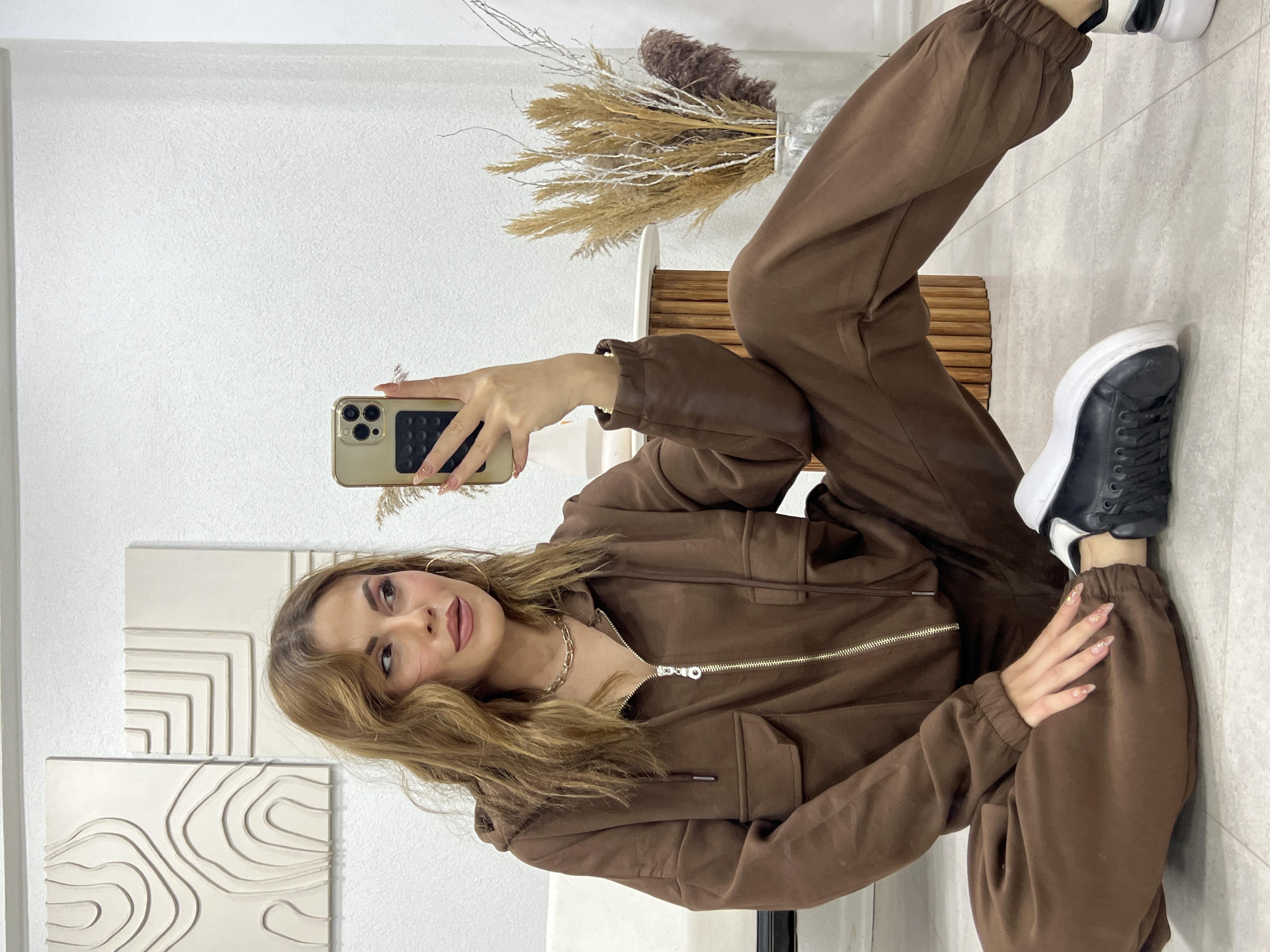 KAPŞONLU EŞOFMAN TAKIMI KAHVE