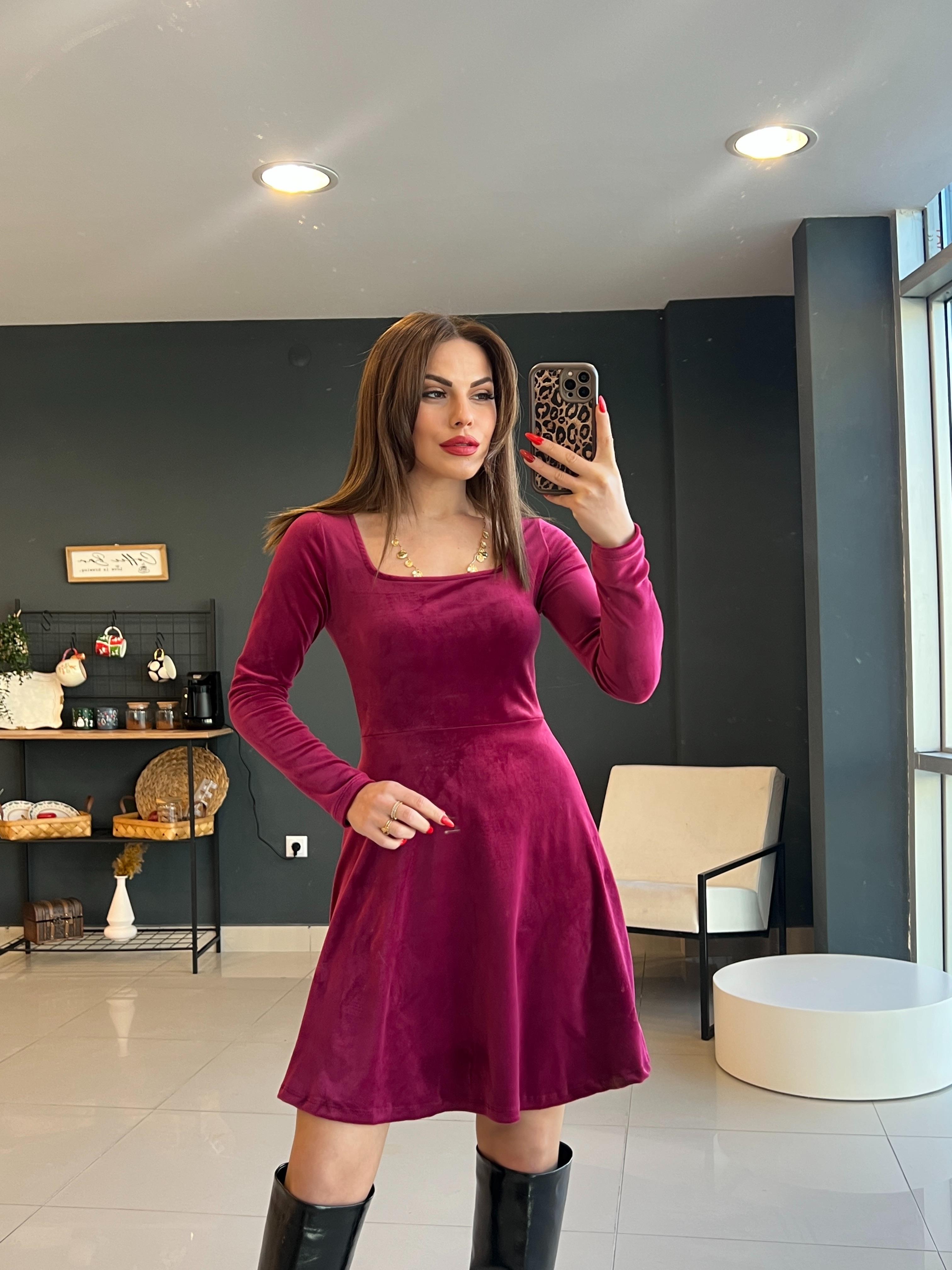 KARE YAKA KADİFE ELBİSE BORDO