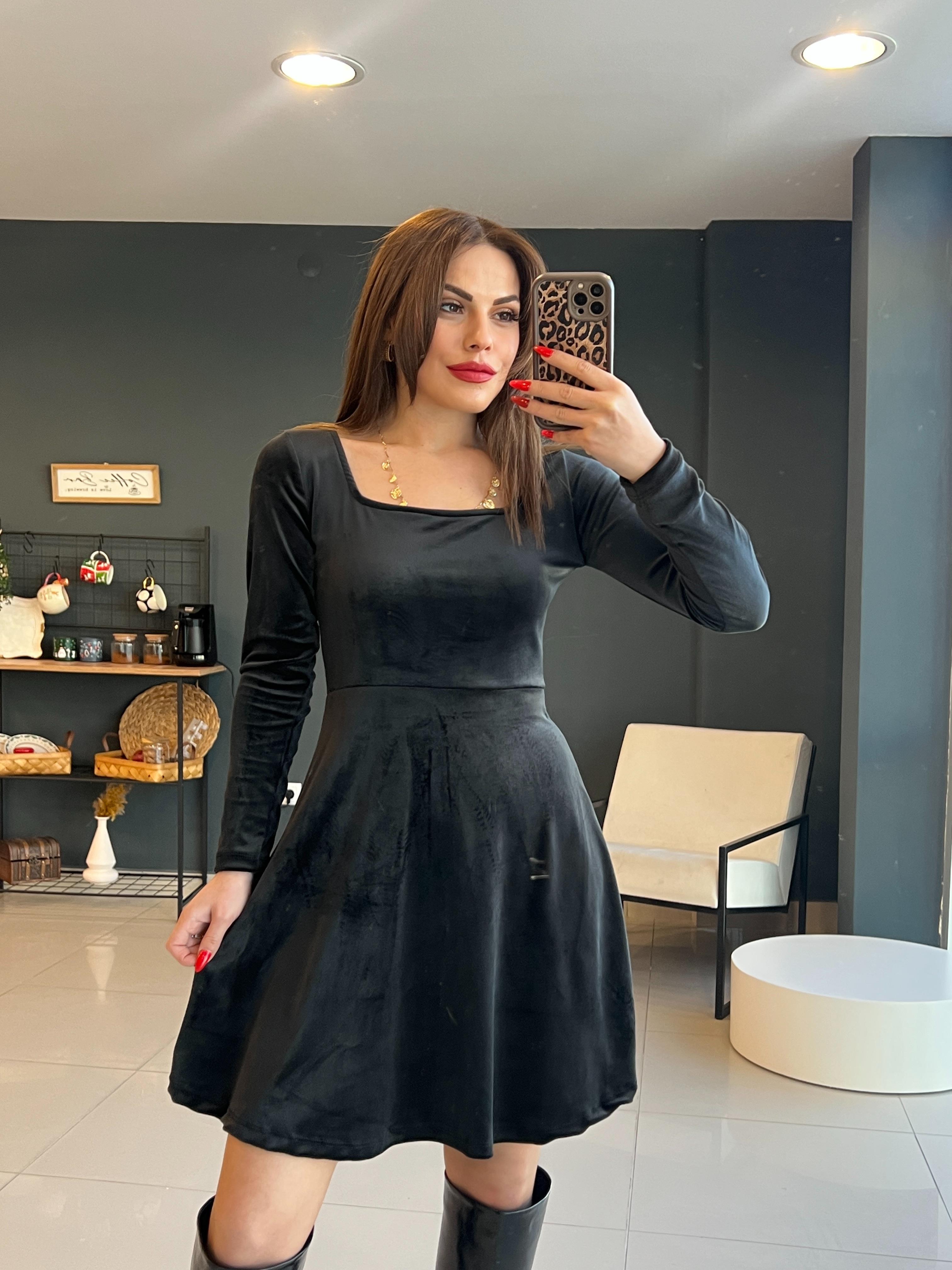 KARE YAKA KADİFE ELBİSE SİYAH