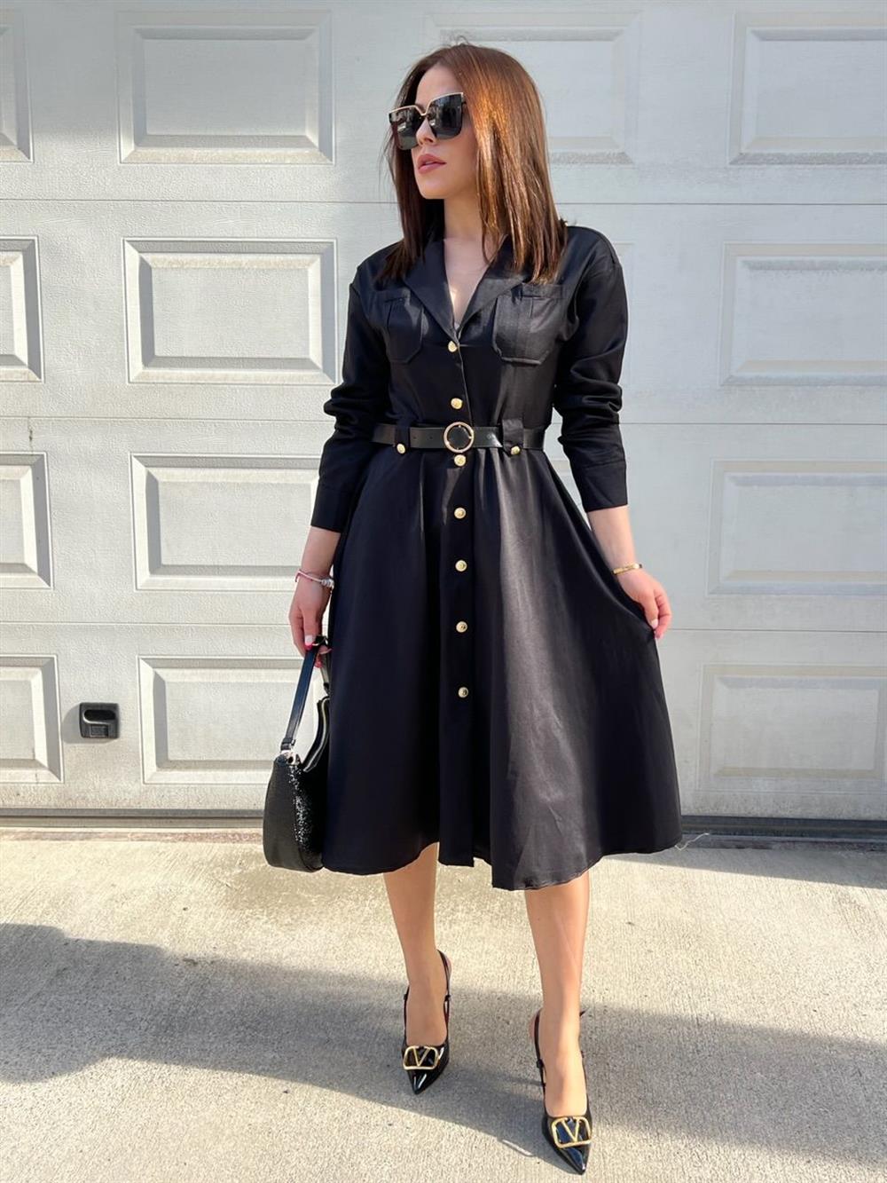 KEMERLİ GÖMLEK ELBİSE SİYAH