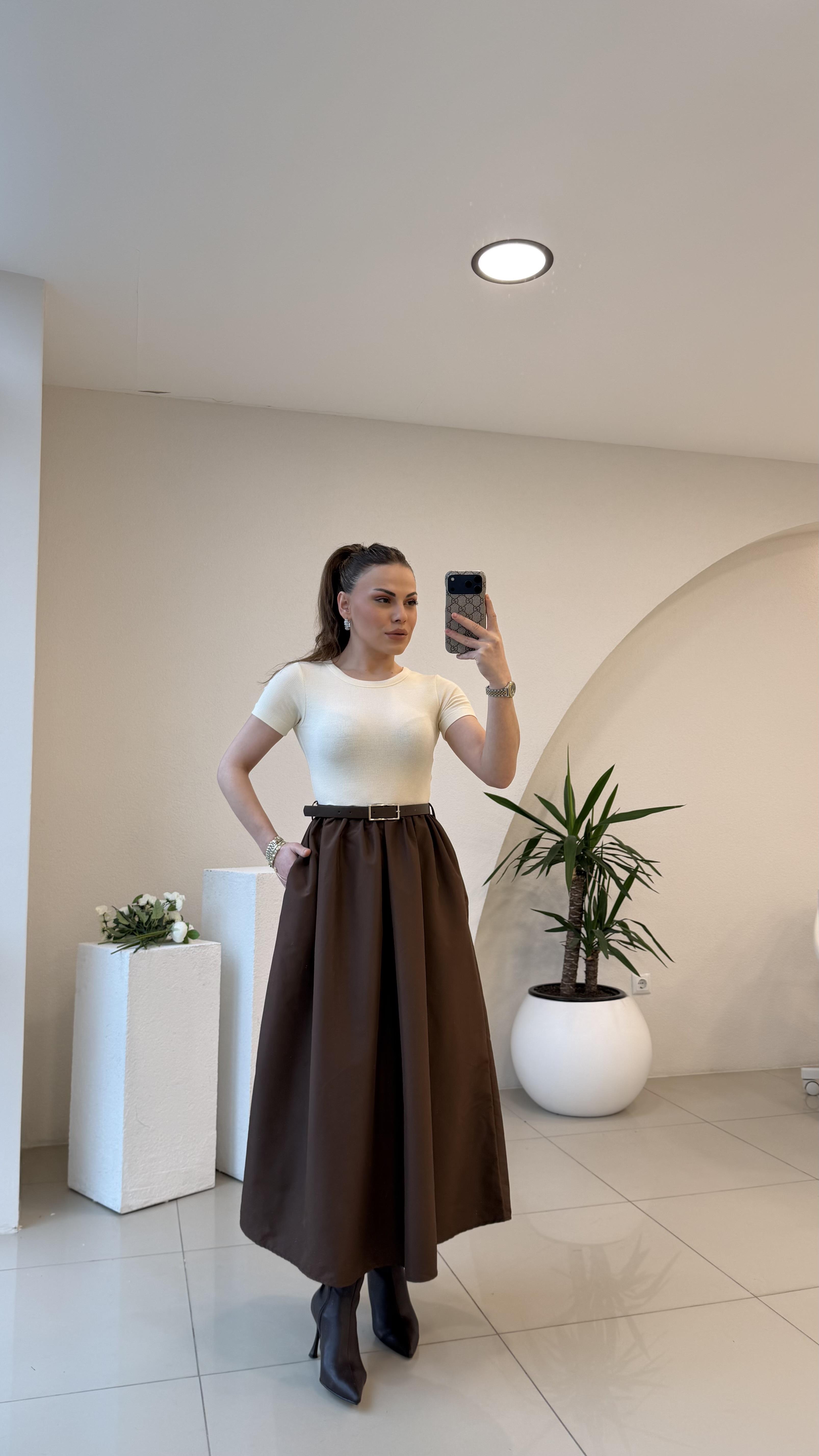 KENDİNDEN KEMERLİ ALT POPLİN KUMAŞ ELBİSE KAHVE