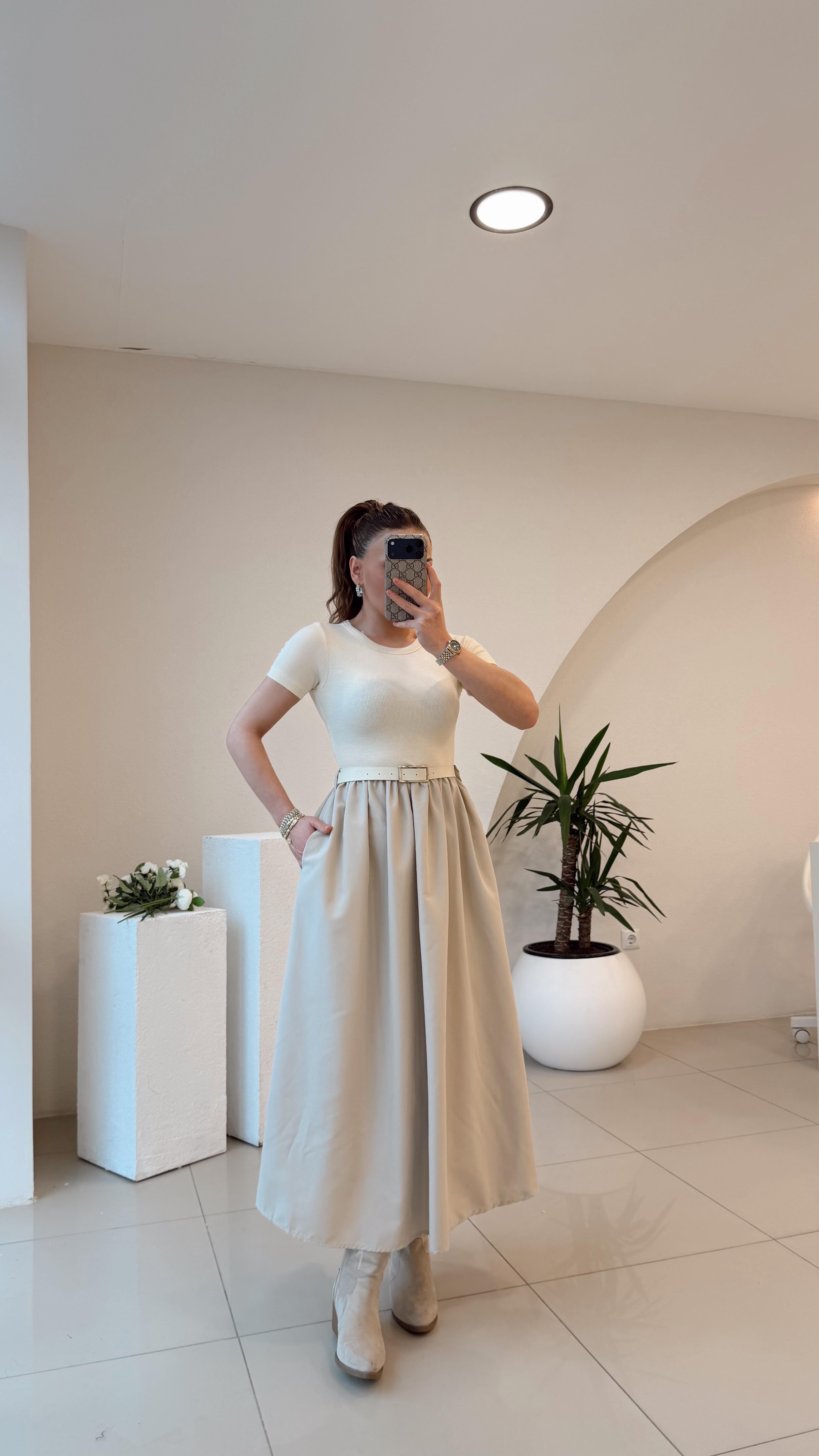 KENDİNDEN KEMERLİ ALT POPLİN KUMAŞ ELBİSE BEJ