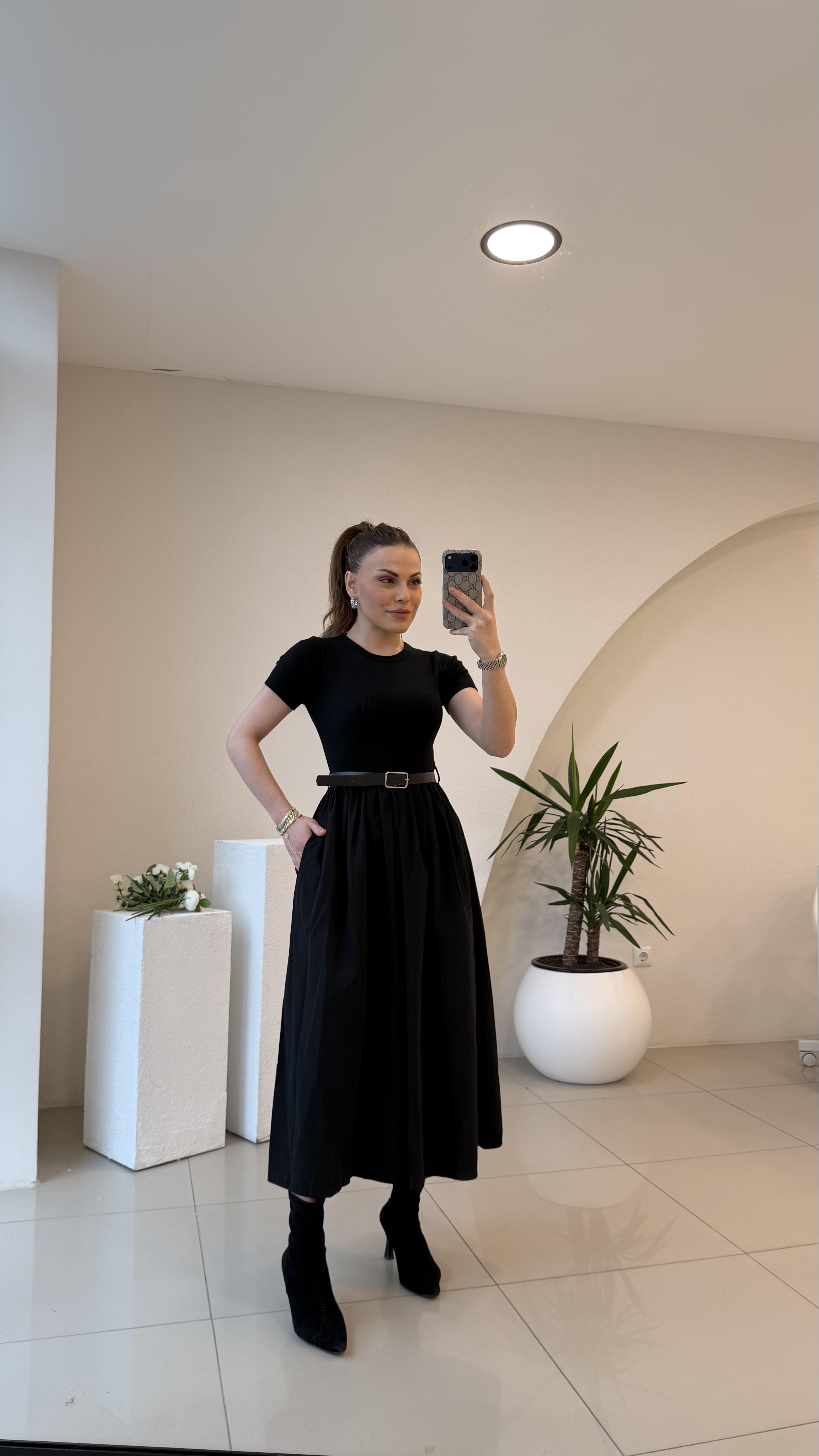 KENDİNDEN KEMERLİ ALT POPLİN KUMAŞ ELBİSE SİYAH