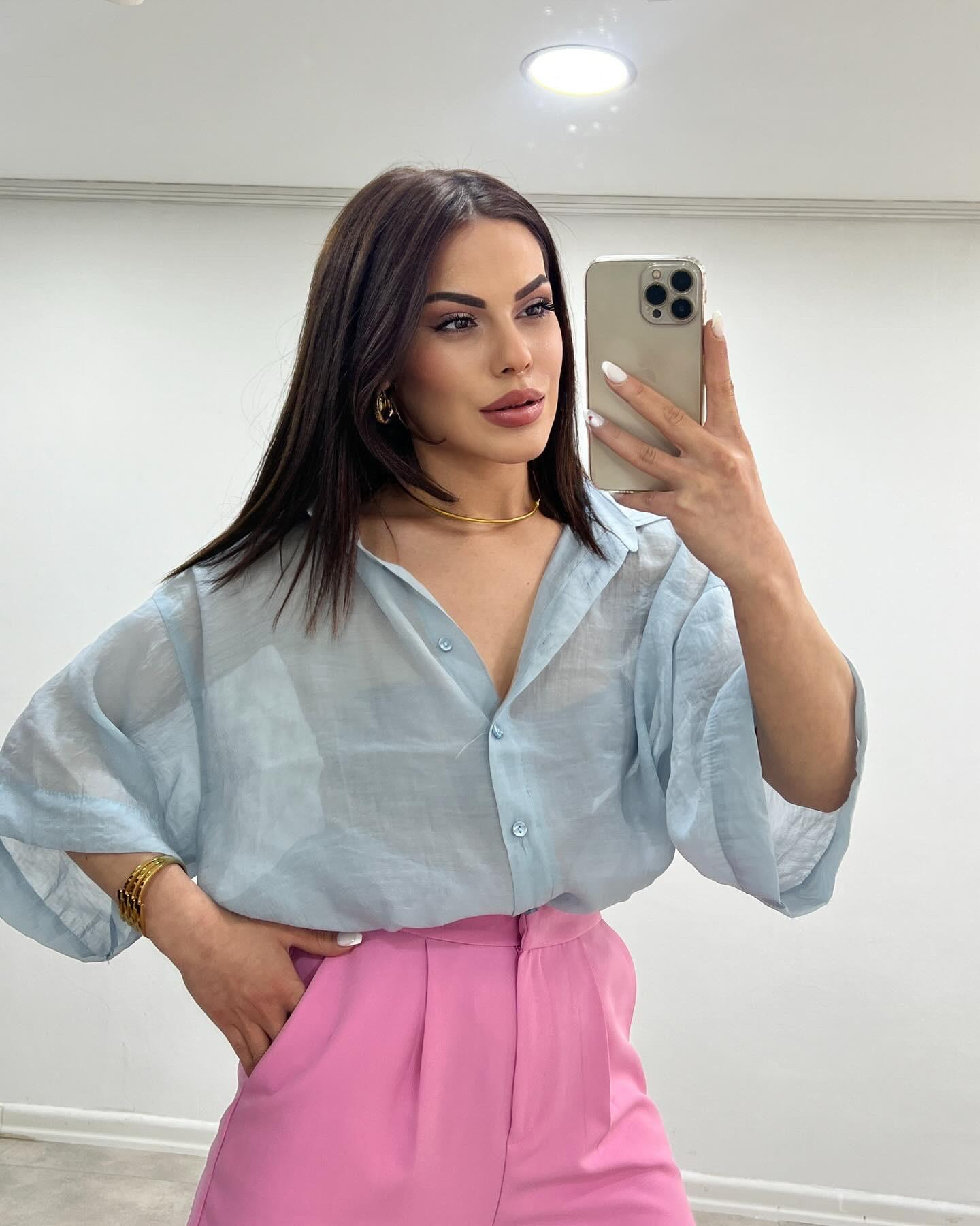 KETEN DİRSEK KOL GÖMLEK AÇIK MAVİ 