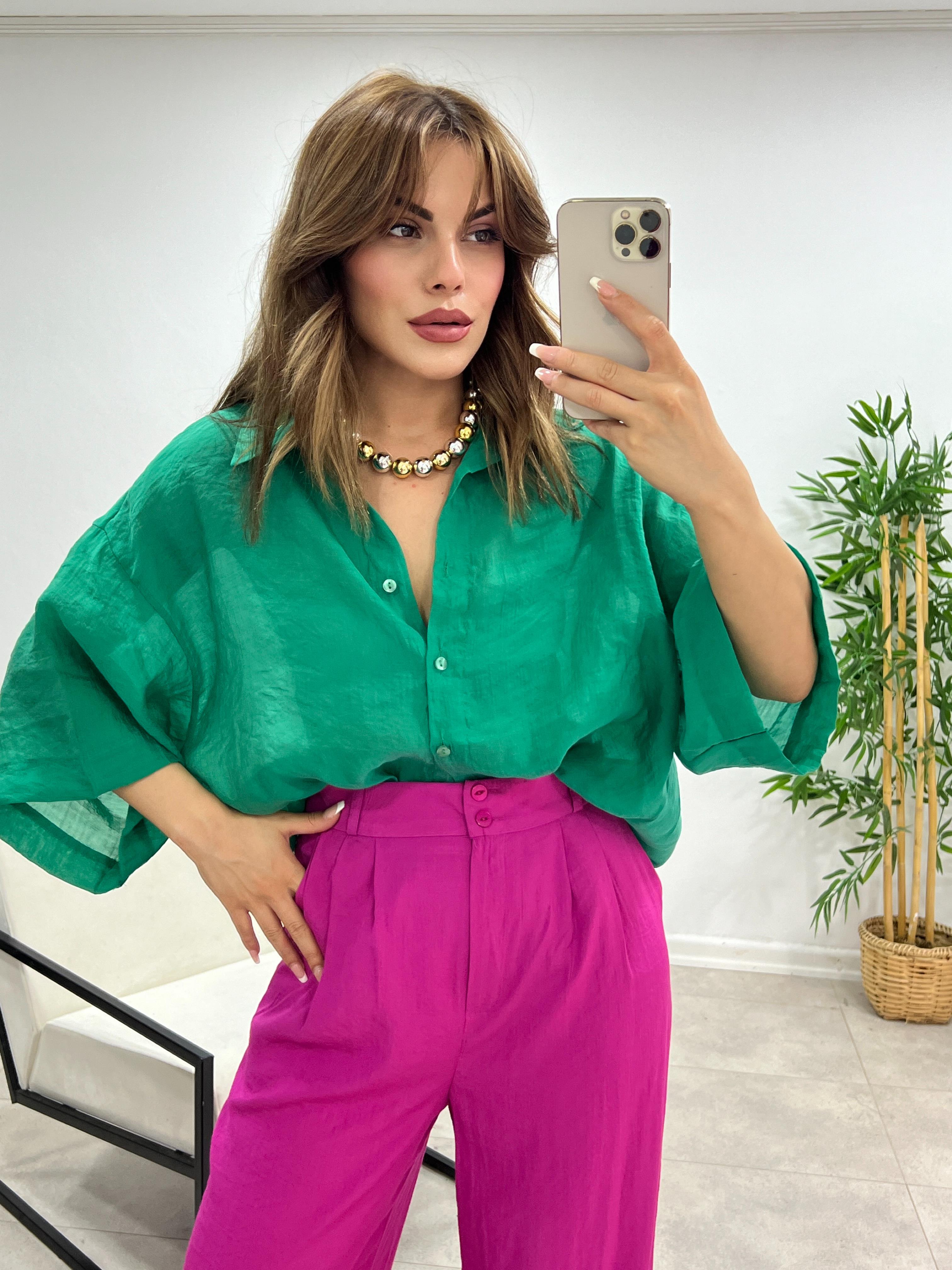 KETEN DİRSEK KOL GÖMLEK YEŞİL