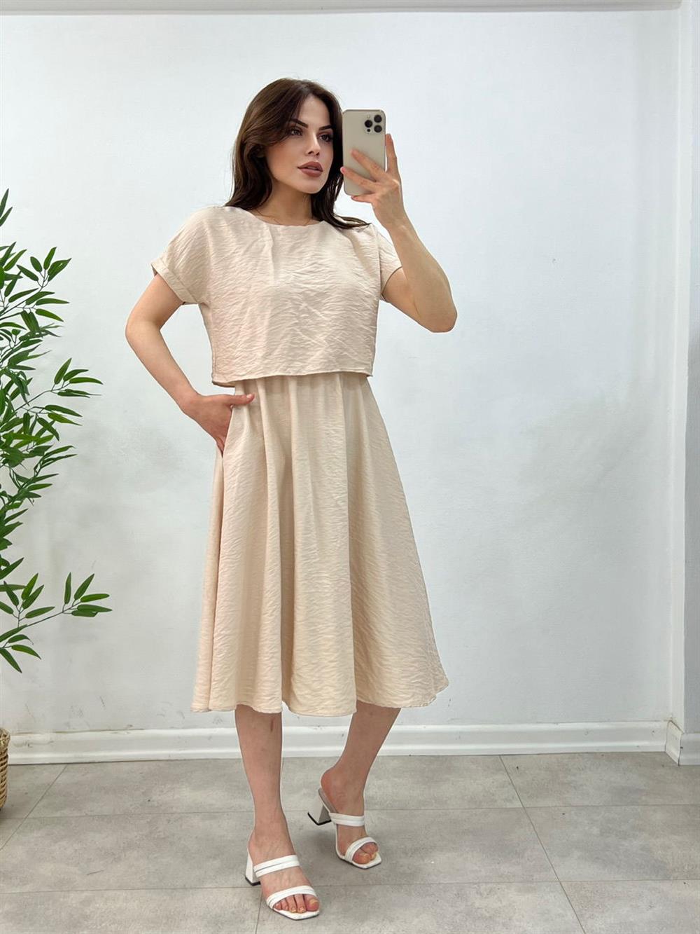 KETEN ELBİSE TAŞ RENGİ