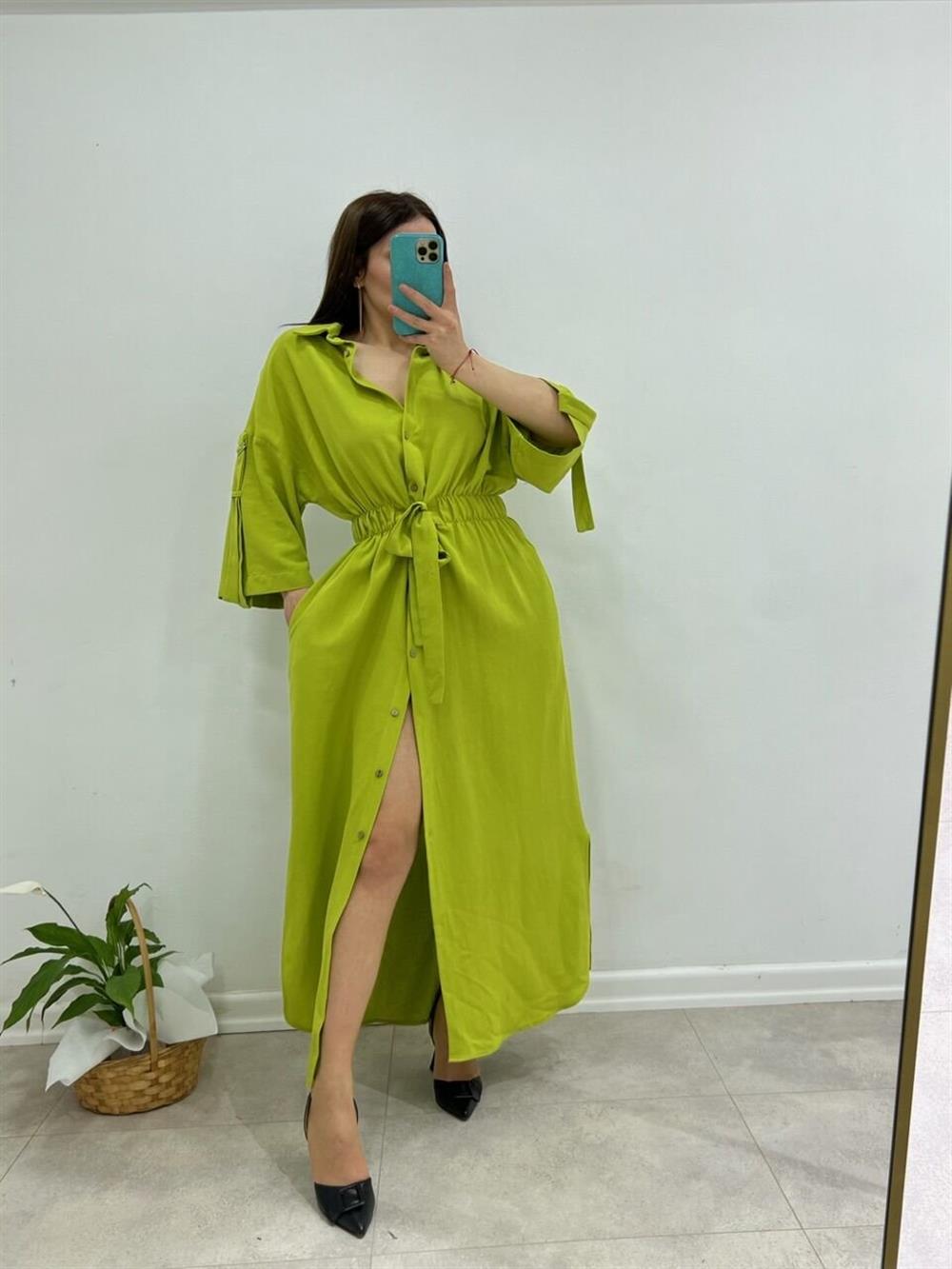 KETEN GÖMLEK ELBİSE OLİV