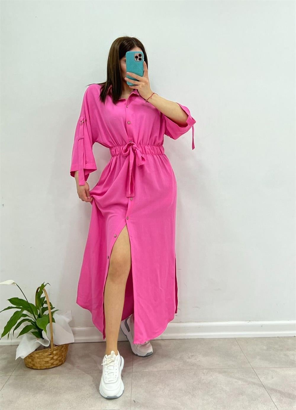 KETEN GÖMLEK ELBİSE PEMBE