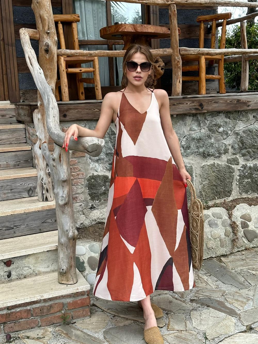 KİREMİT-TURUNCU İP ASKILI KETEN ELBİSE 