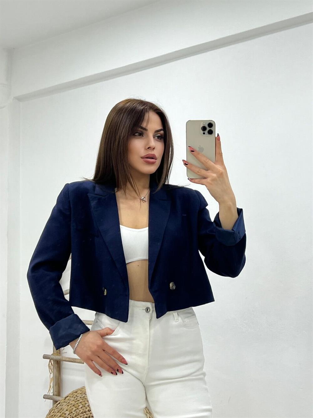 KISA KETEN CEKET LACİVERT