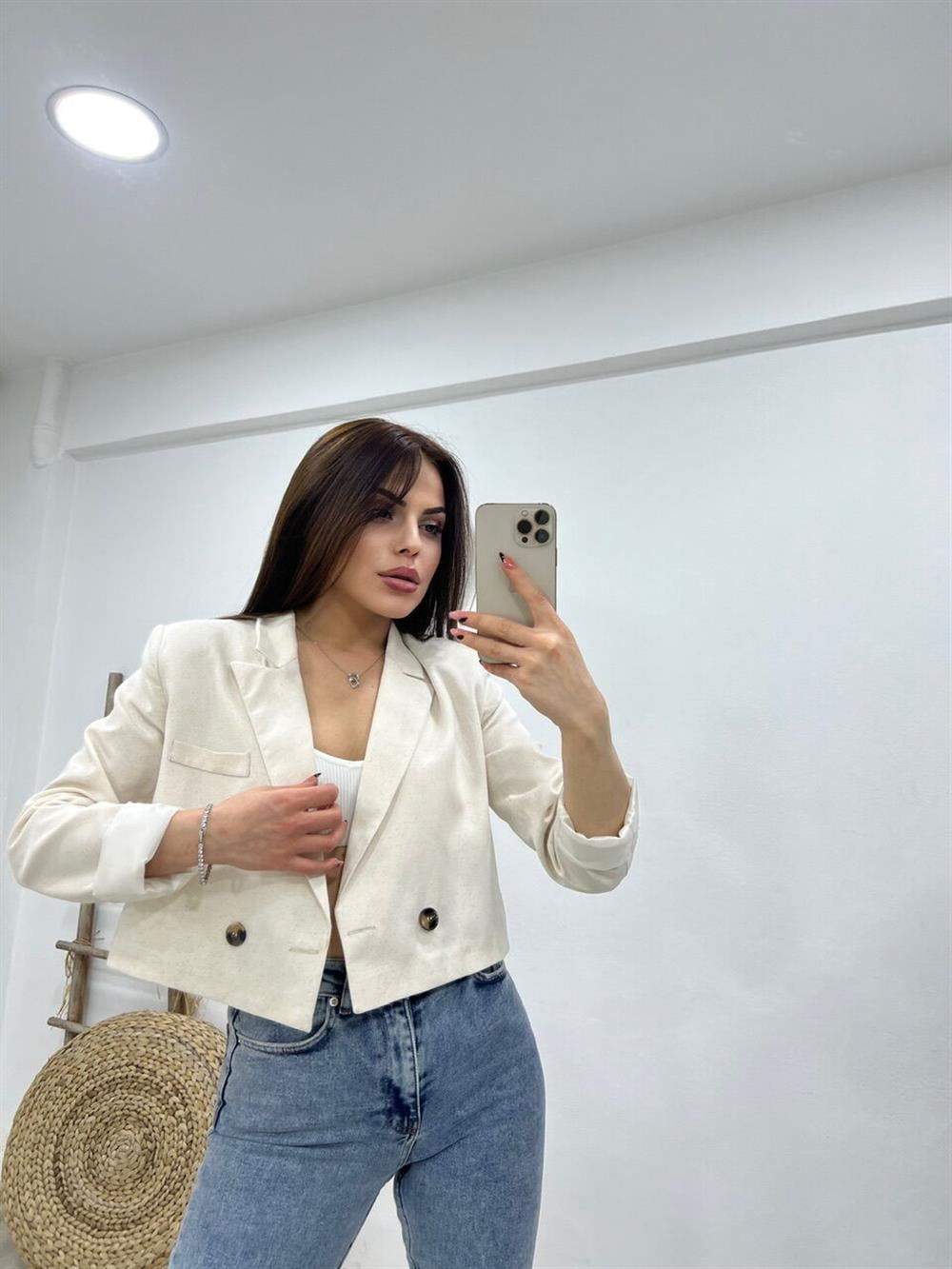 KISA KETEN CEKET TAŞ RENGİ
