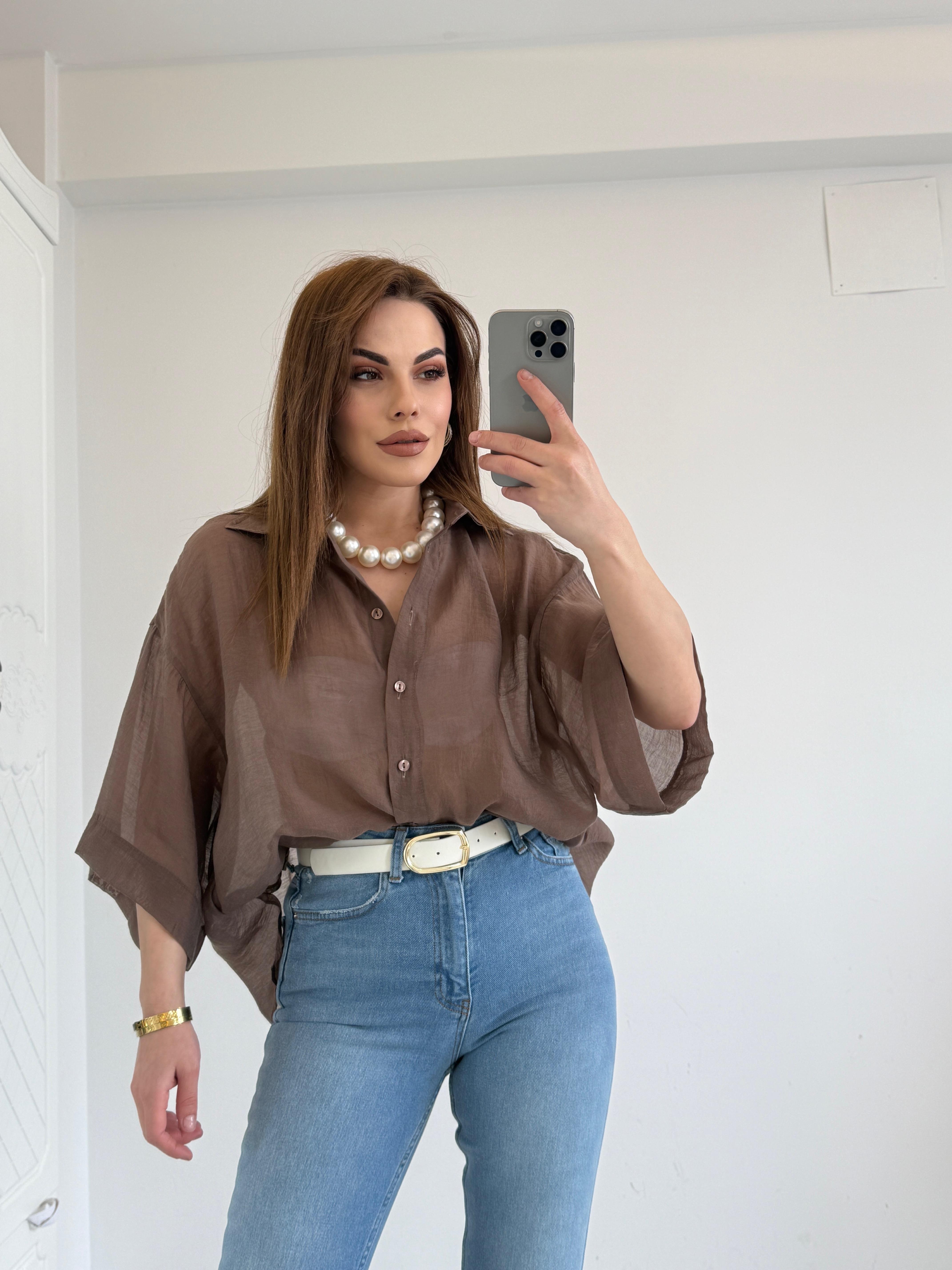 KISA KOL TÜL GÖMLEK KAHVE