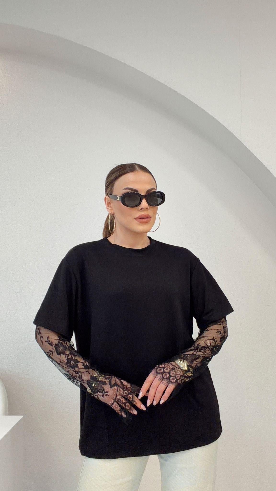 KOLLARI DANTELLİ MODAL BLUZ SİYAH