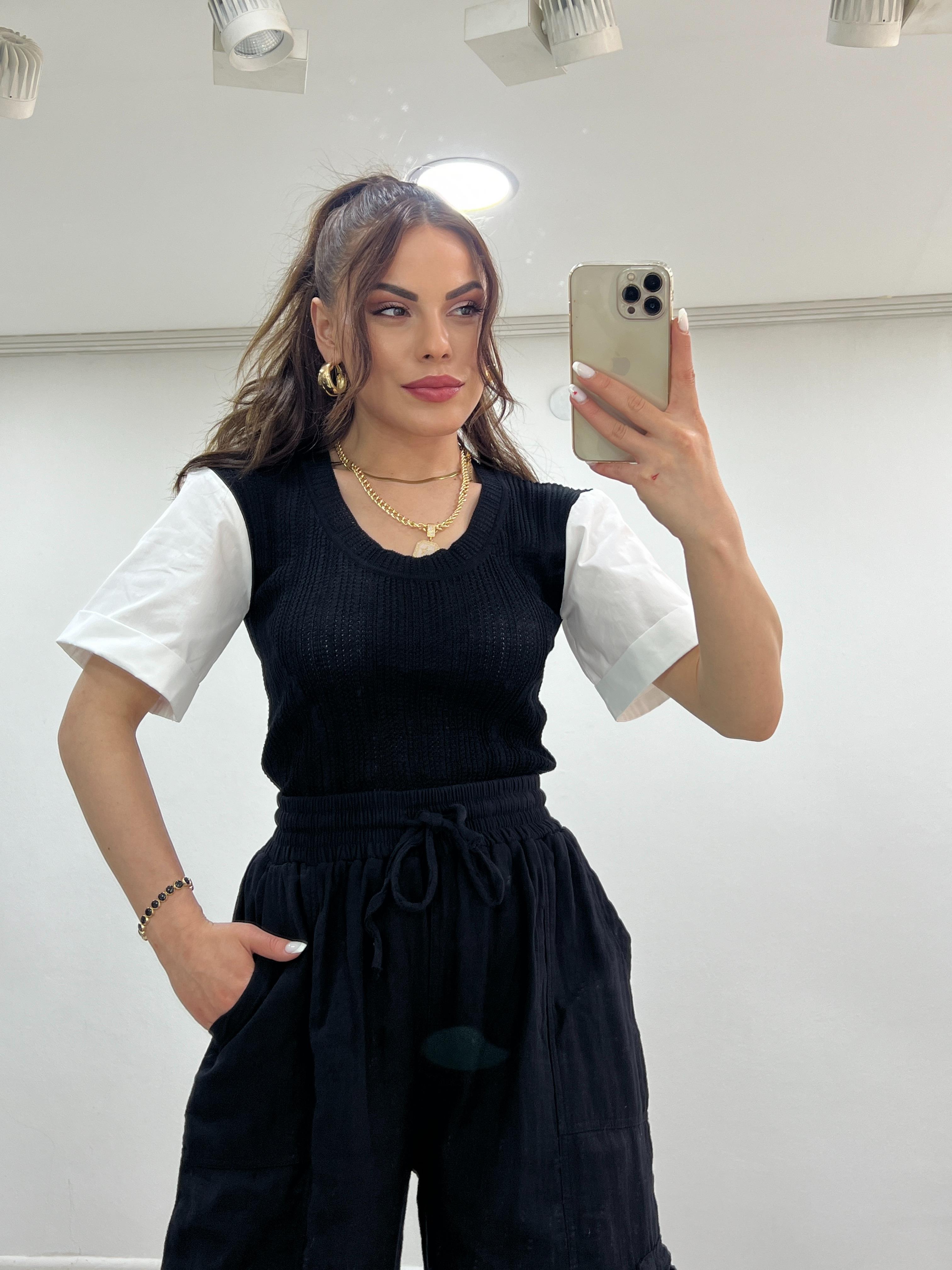 KOLLARI POPLİN DETAYLI MERSERİZE BLUZ