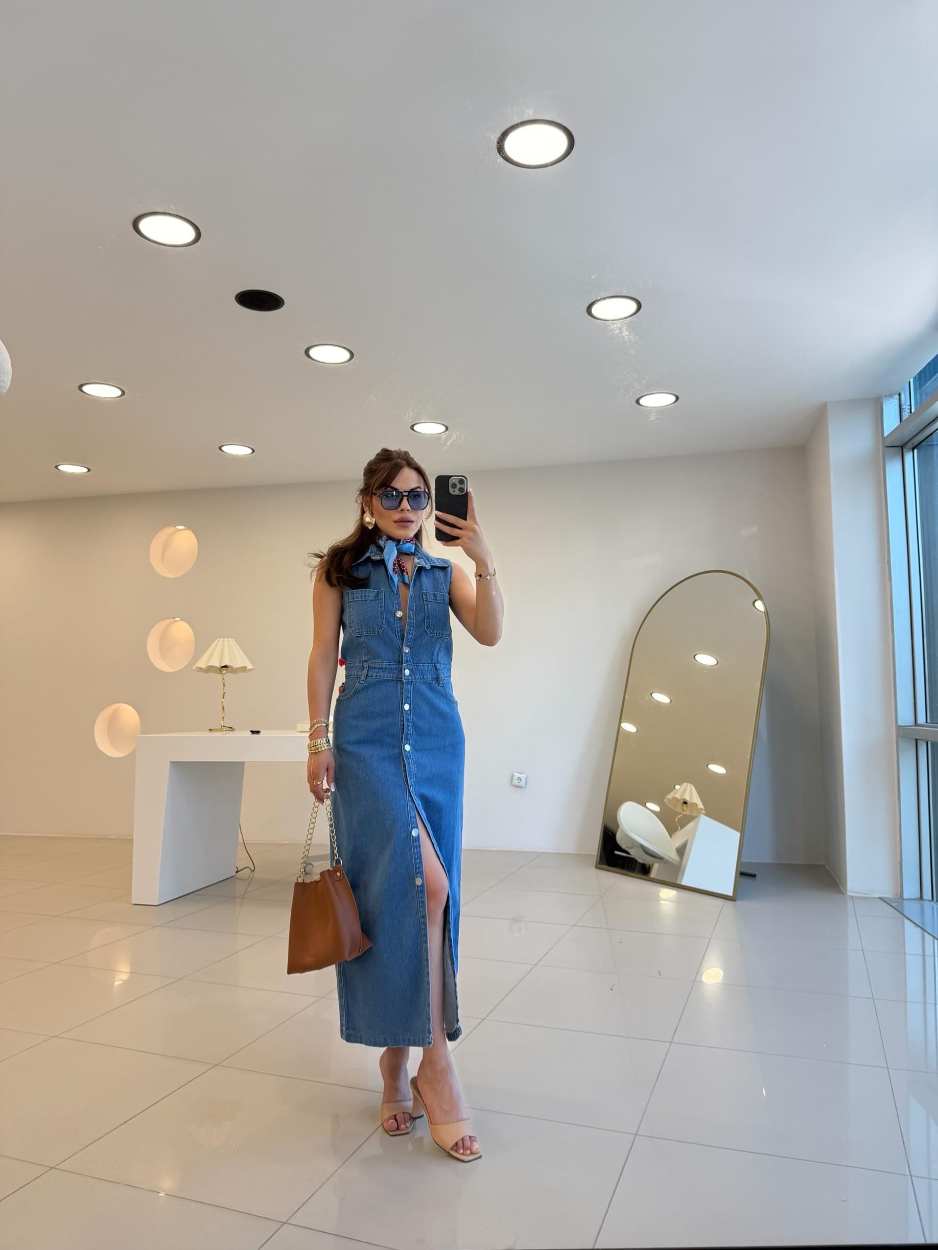 KOLSUZ DENİM ELBİSE