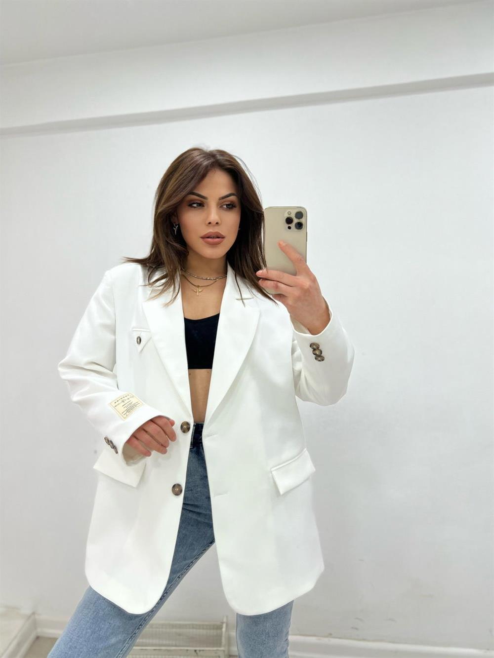 Grep Kumaş Astarli Blazer Ceket Beyaz · 2
