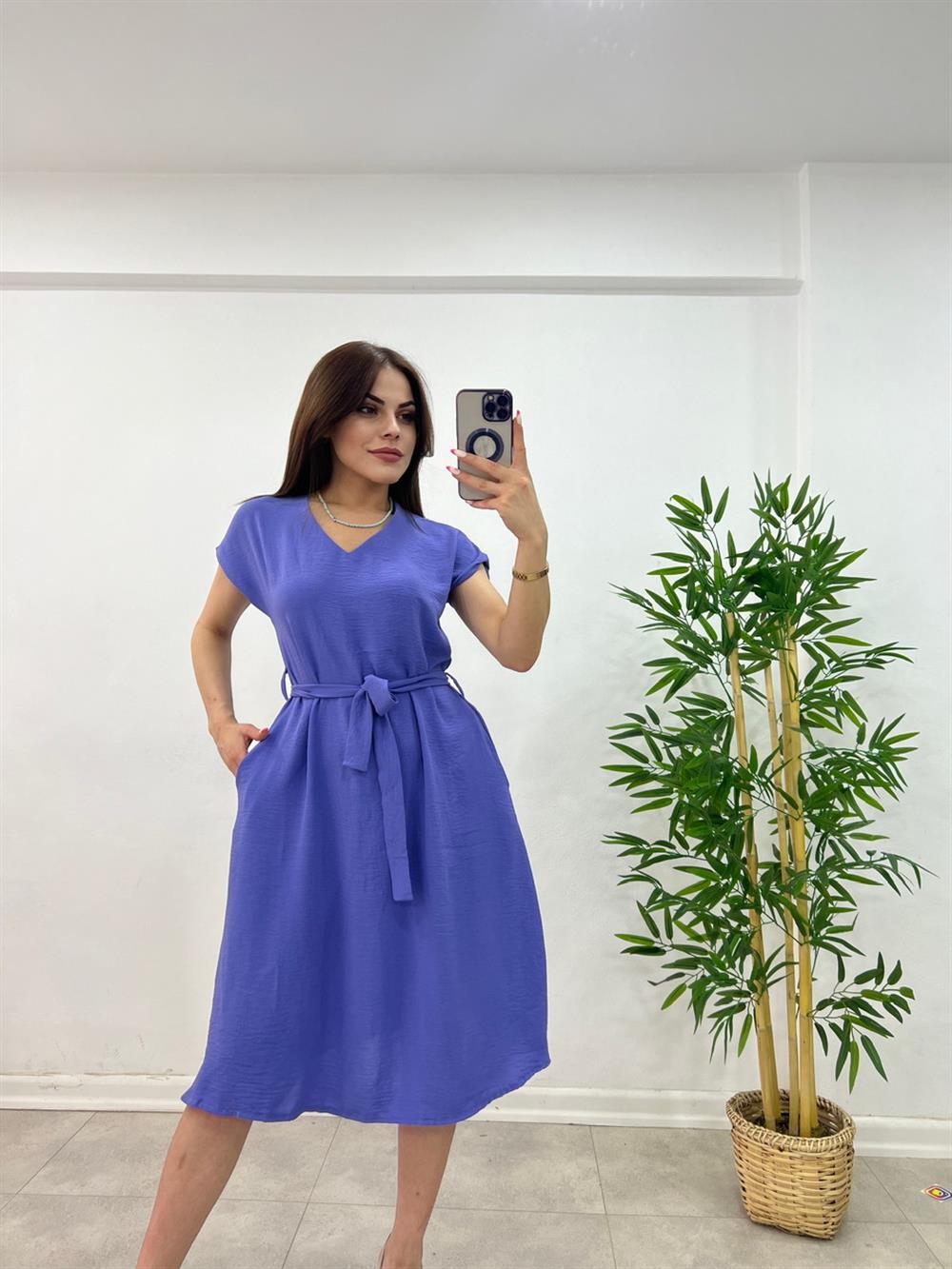 KUŞAKLI KETEN ELBİSE MOR