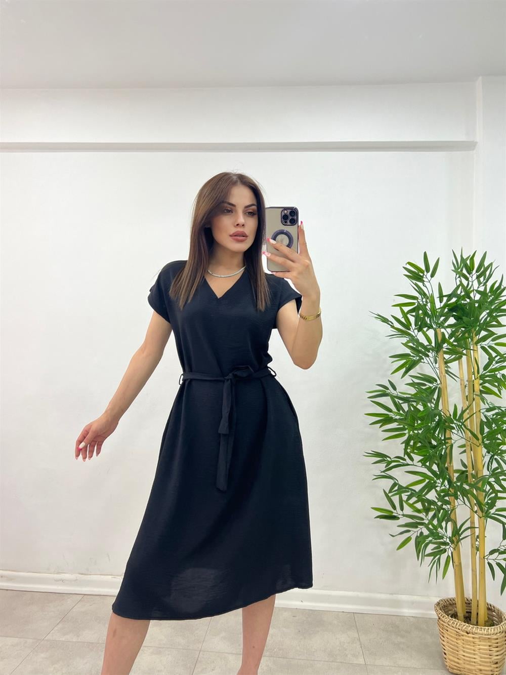 KUŞAKLI KETEN ELBİSE SİYAH