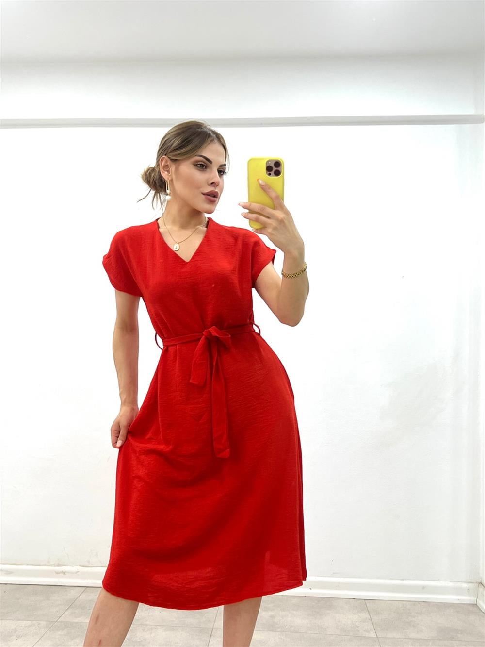 KUŞAKLI KETEN ELBİSE TURUNCU