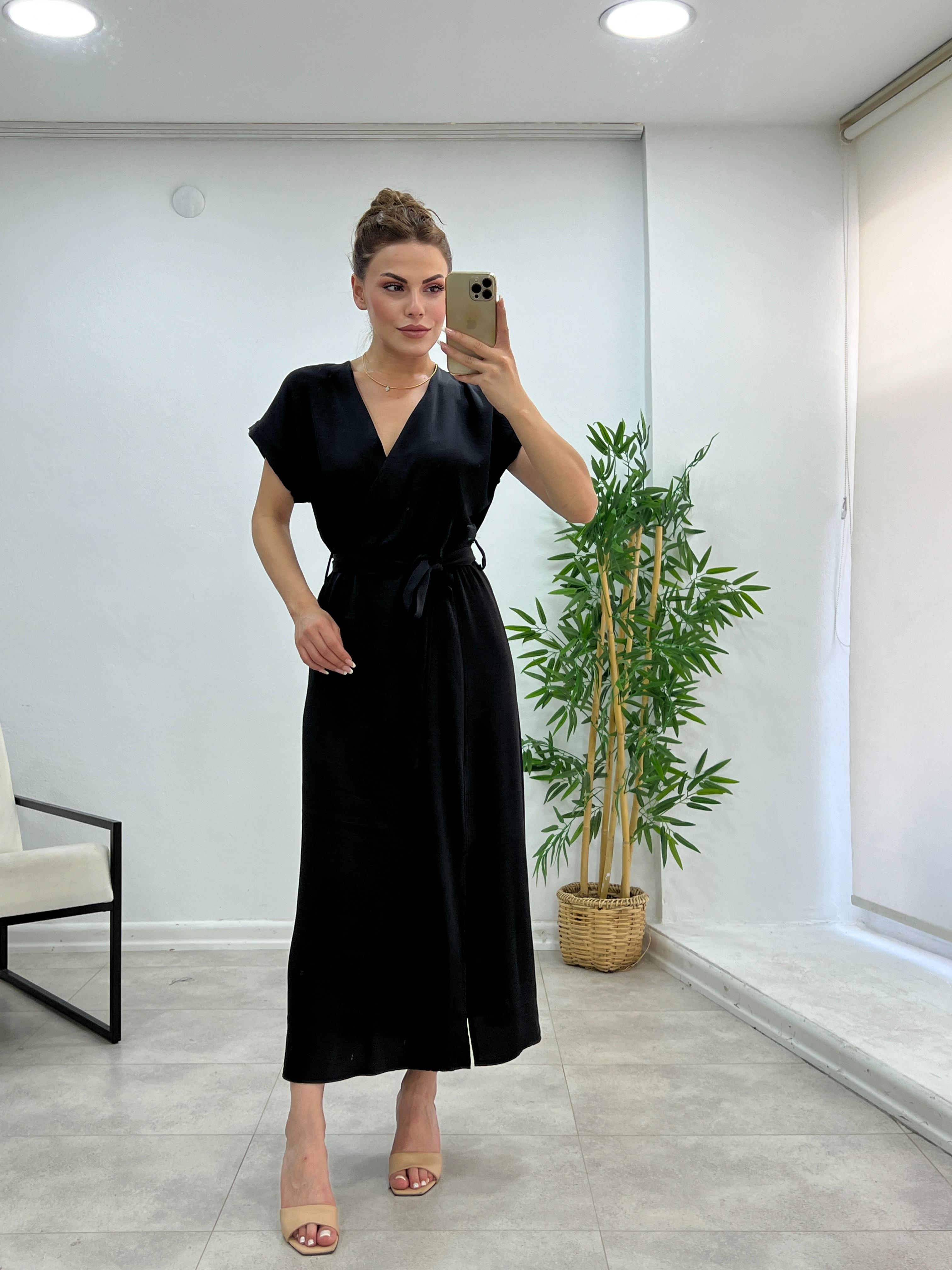 KUŞAKLI PREMIUM KALİTE MIDI BOY ELBİSE SİYAH