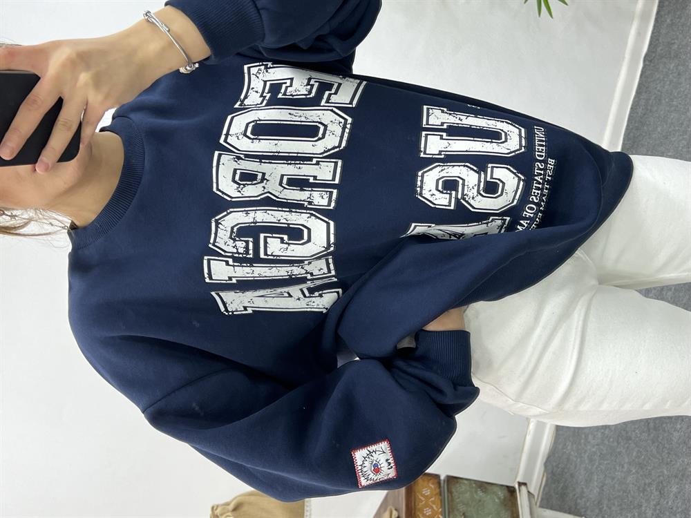 LACİVERT ÖNÜ YAZILI ŞARDONLU SWEAT