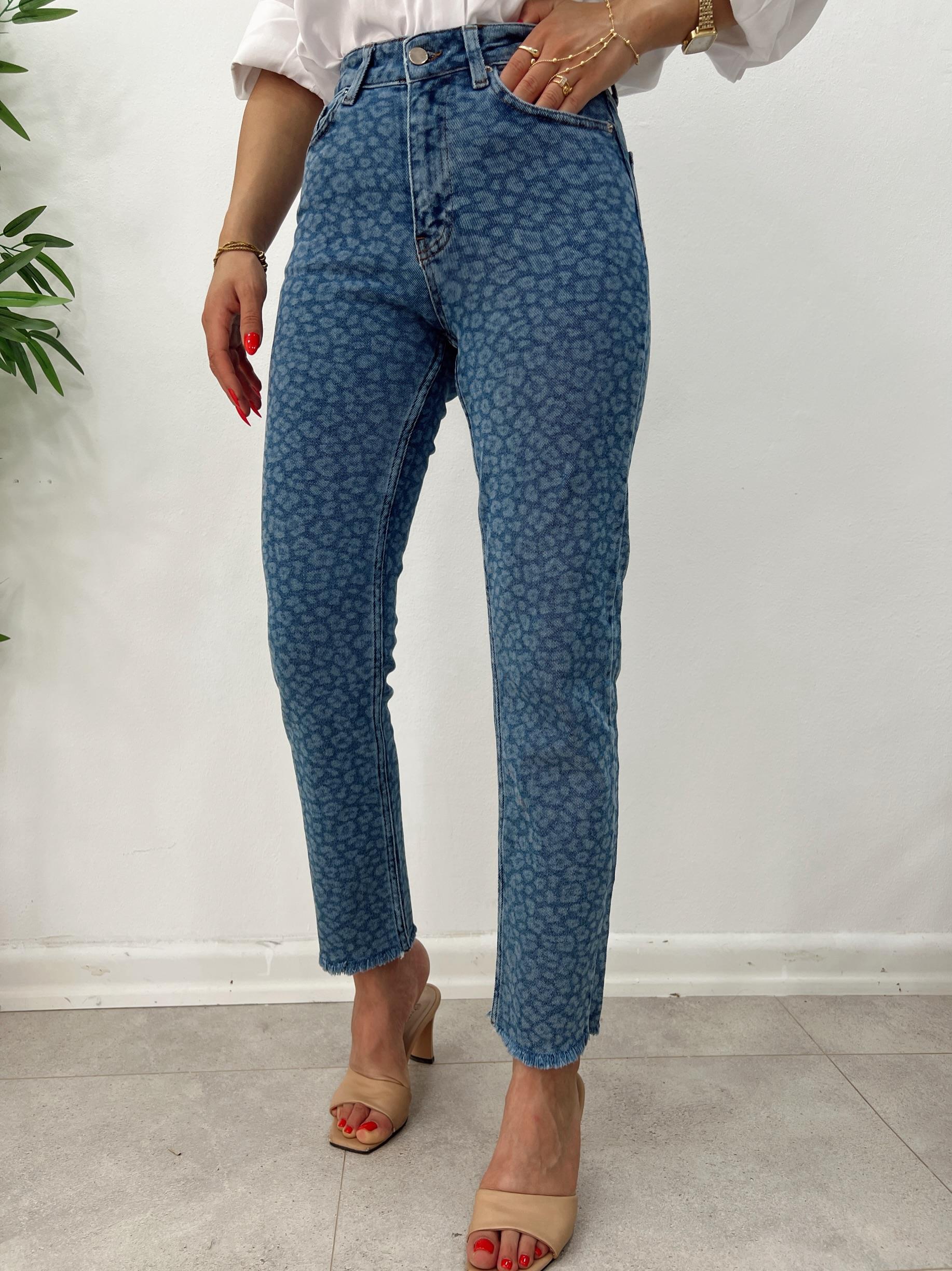 LACİVERT ÜZERİ LEOPAR DESEN LİKRALI JEAN