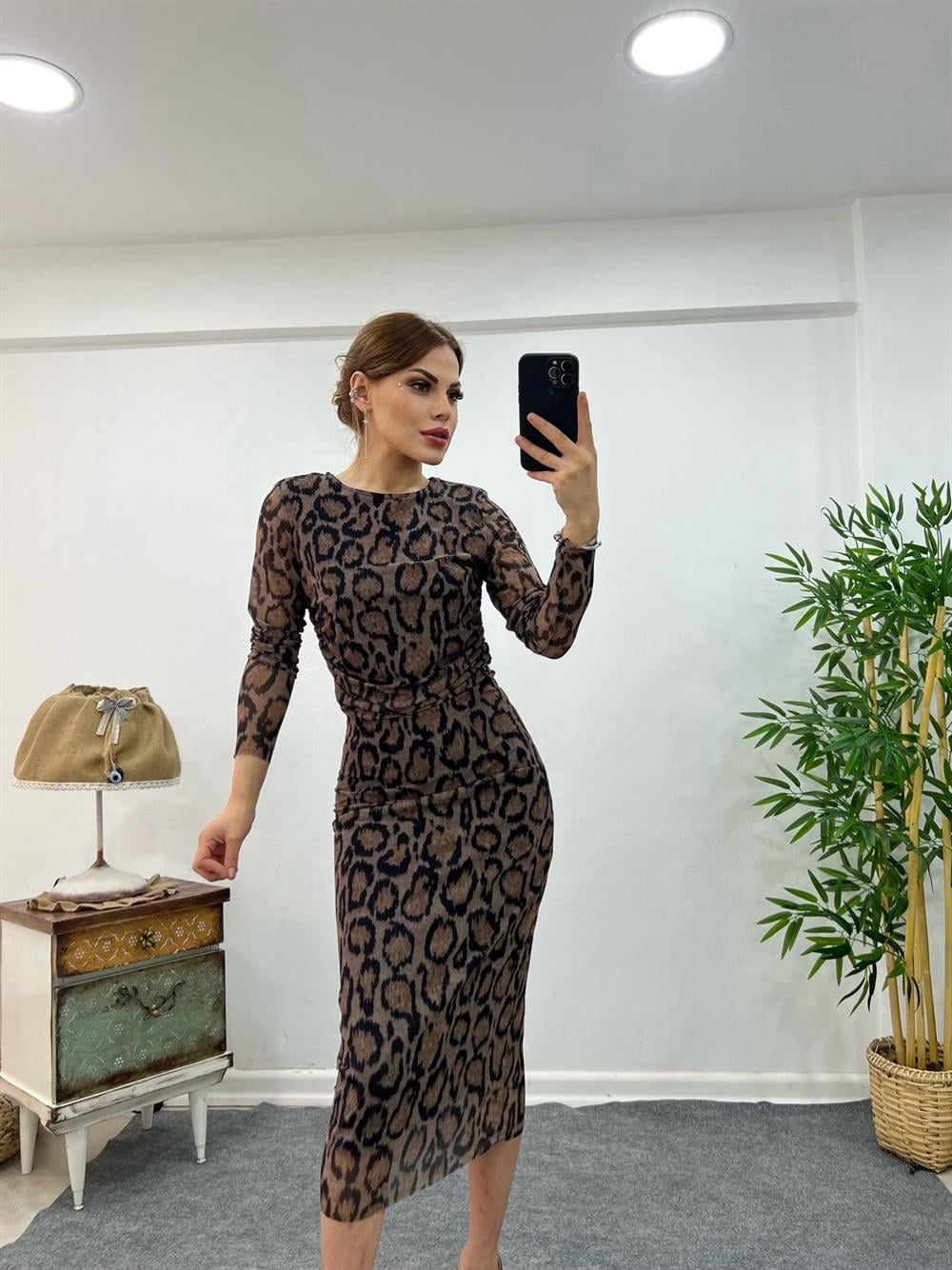 LEOPAR DESENLİ DRAPELİ TÜL ELBİSE