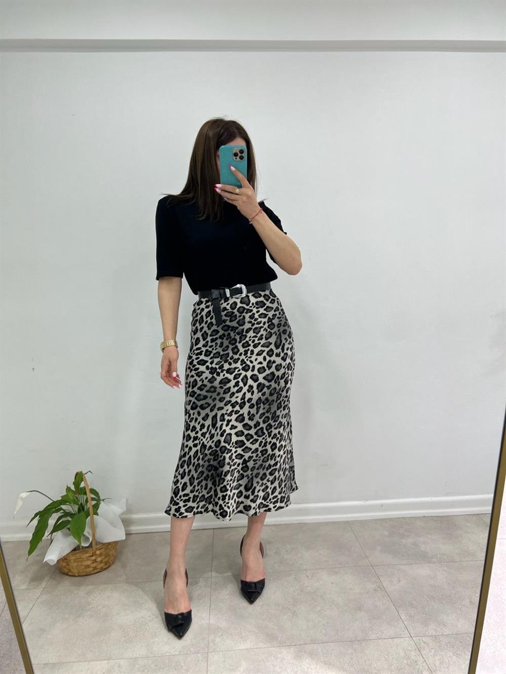 LEOPARLI GRİ  SATEN ETEK