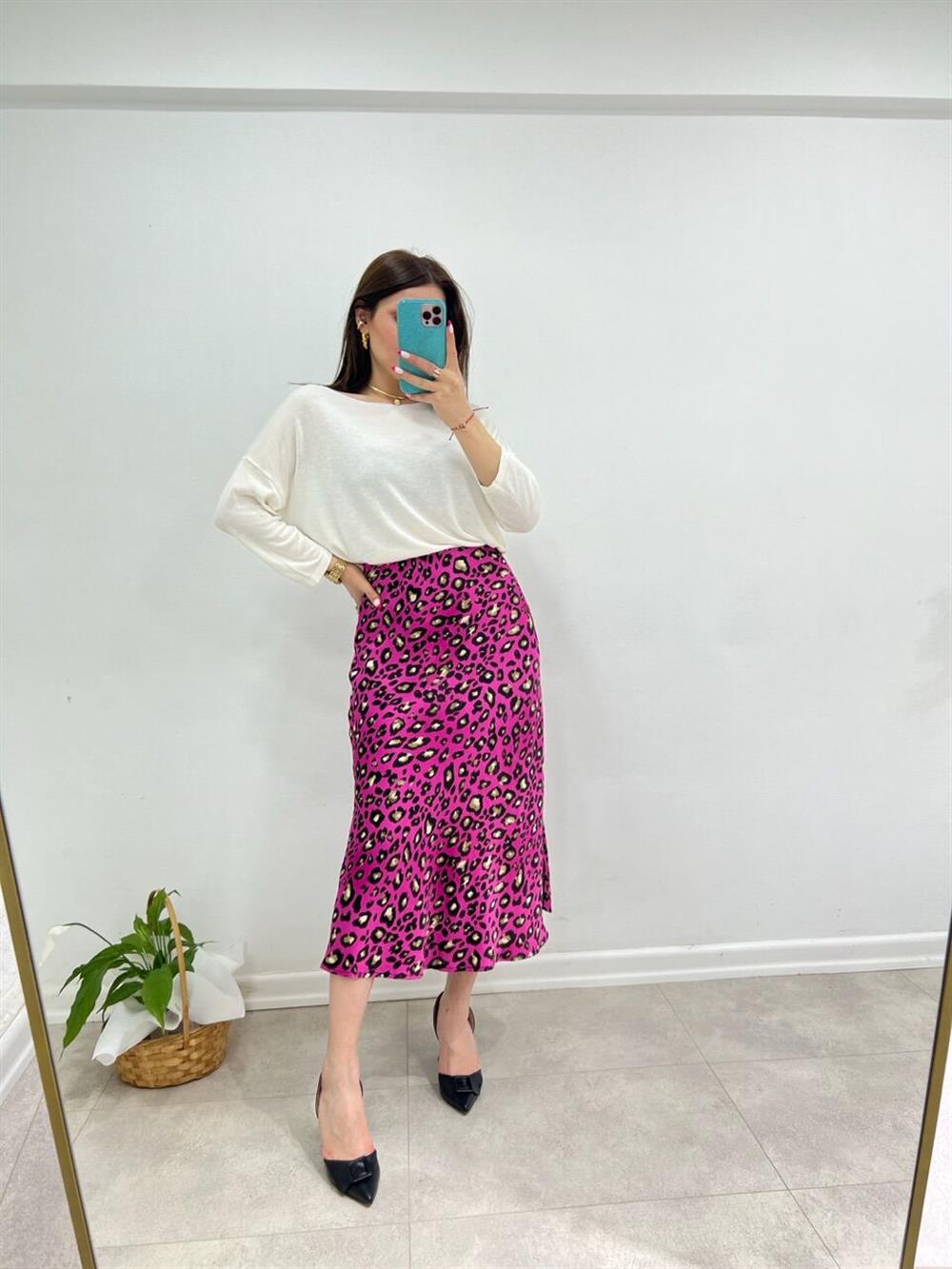 LEOPARLI PEMBE SATEN ETEK