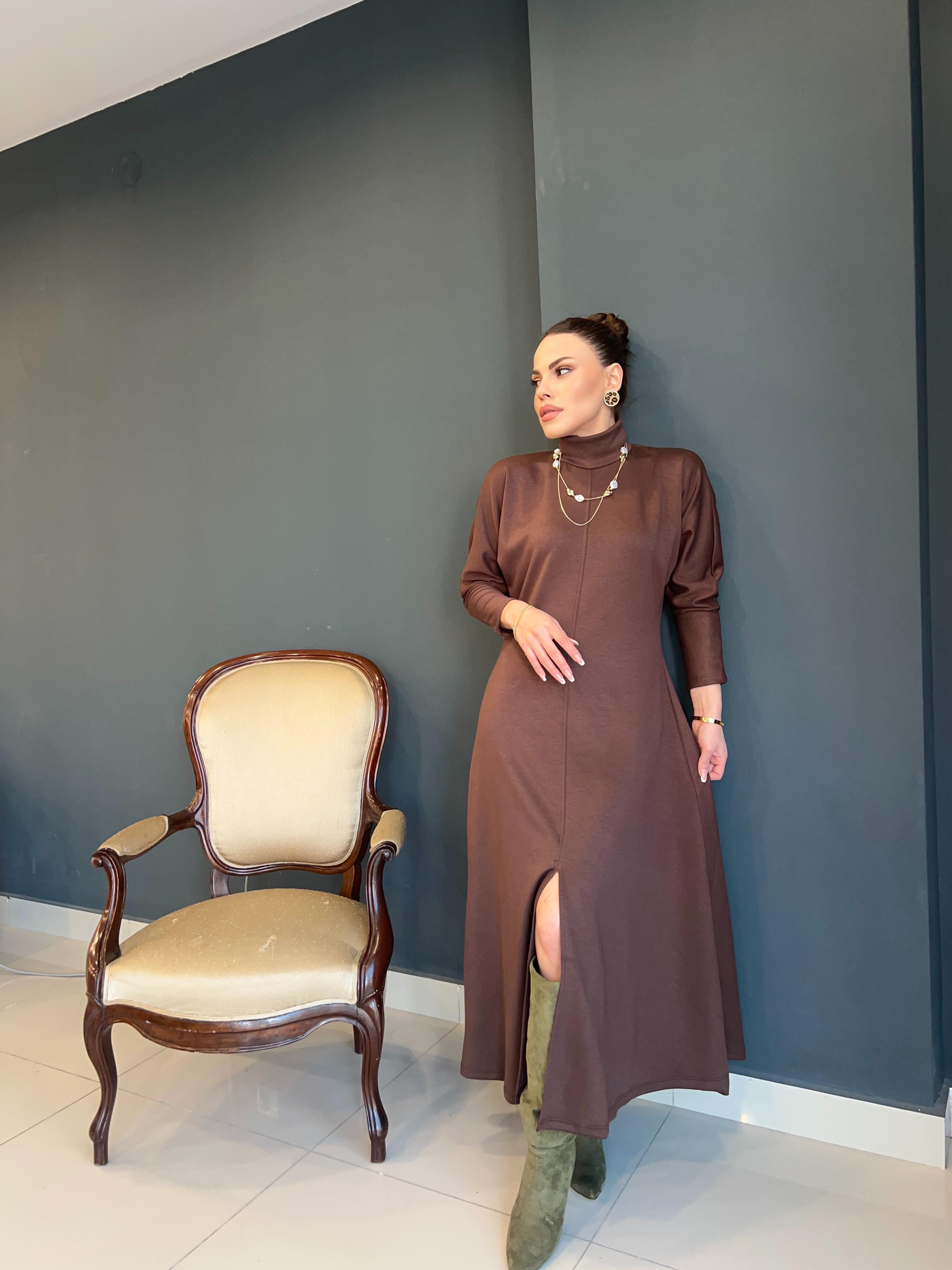 LÜKS KALİTE MODAL KUMAŞ KAHVE DİK YAKA ELBİSE