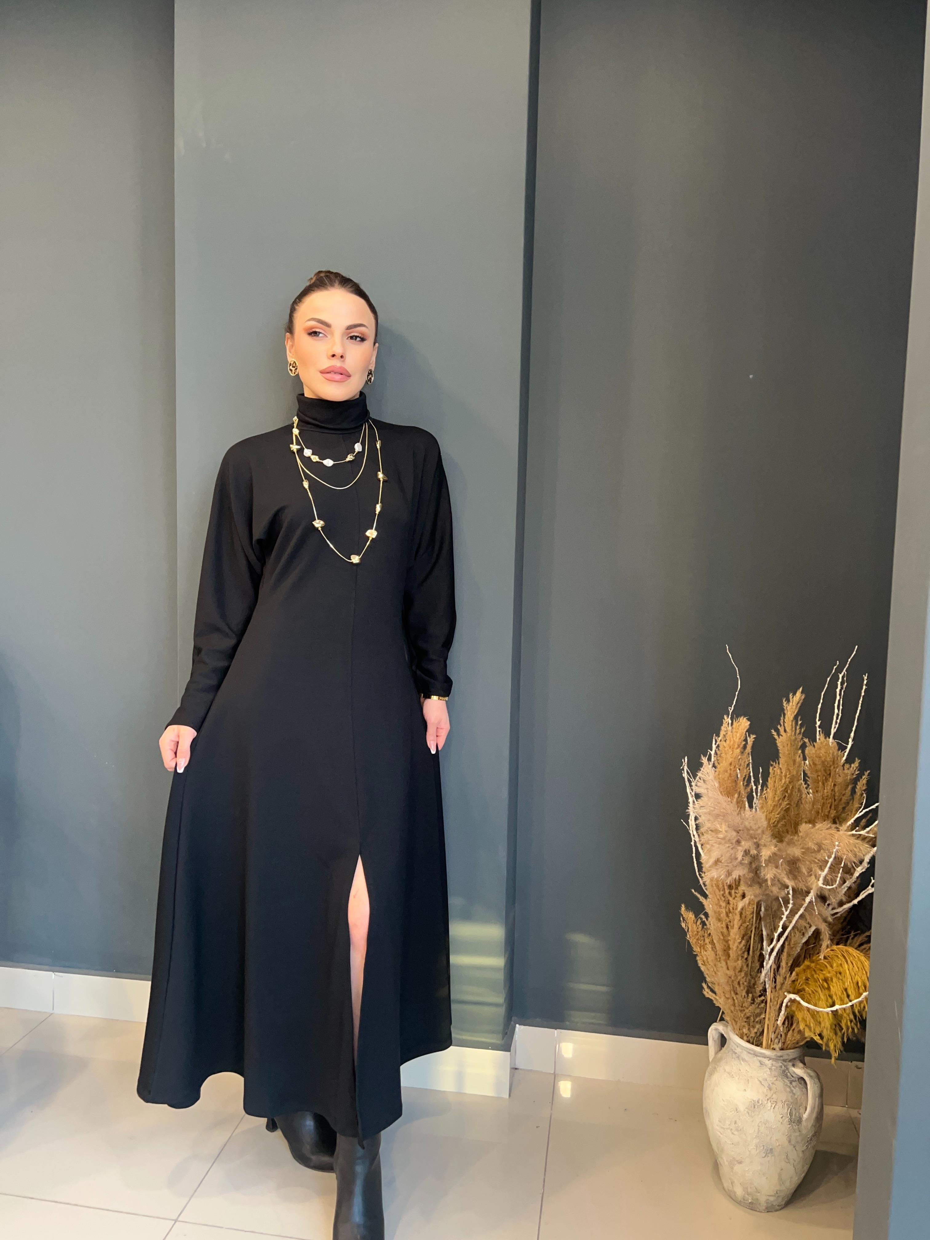 LÜKS KALİTE MODAL KUMAŞ SİYAH DİK YAKA ELBİSE