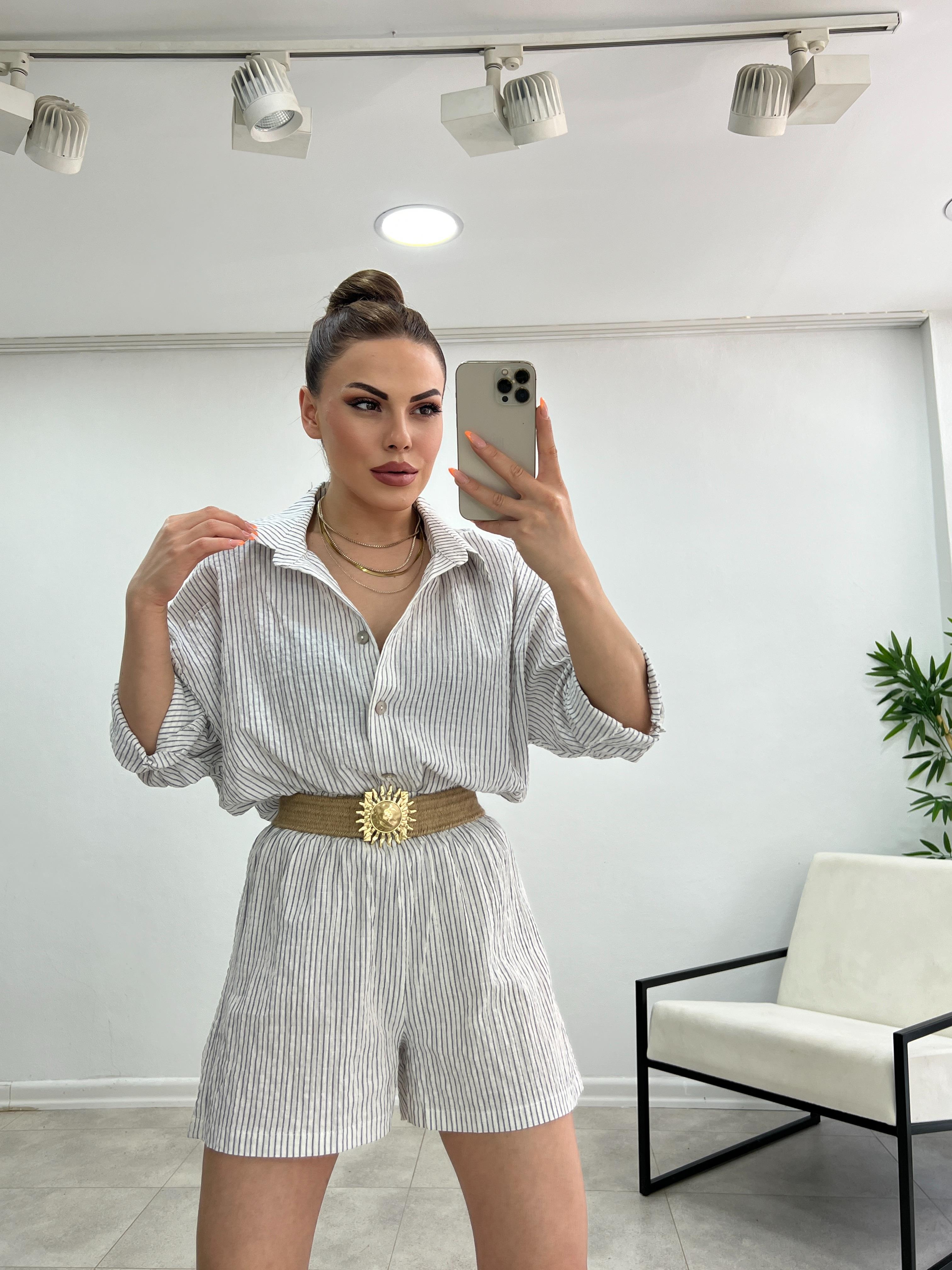 MAVİ ÇİZGİLİ KETEN KEMERLİ TAKIM 