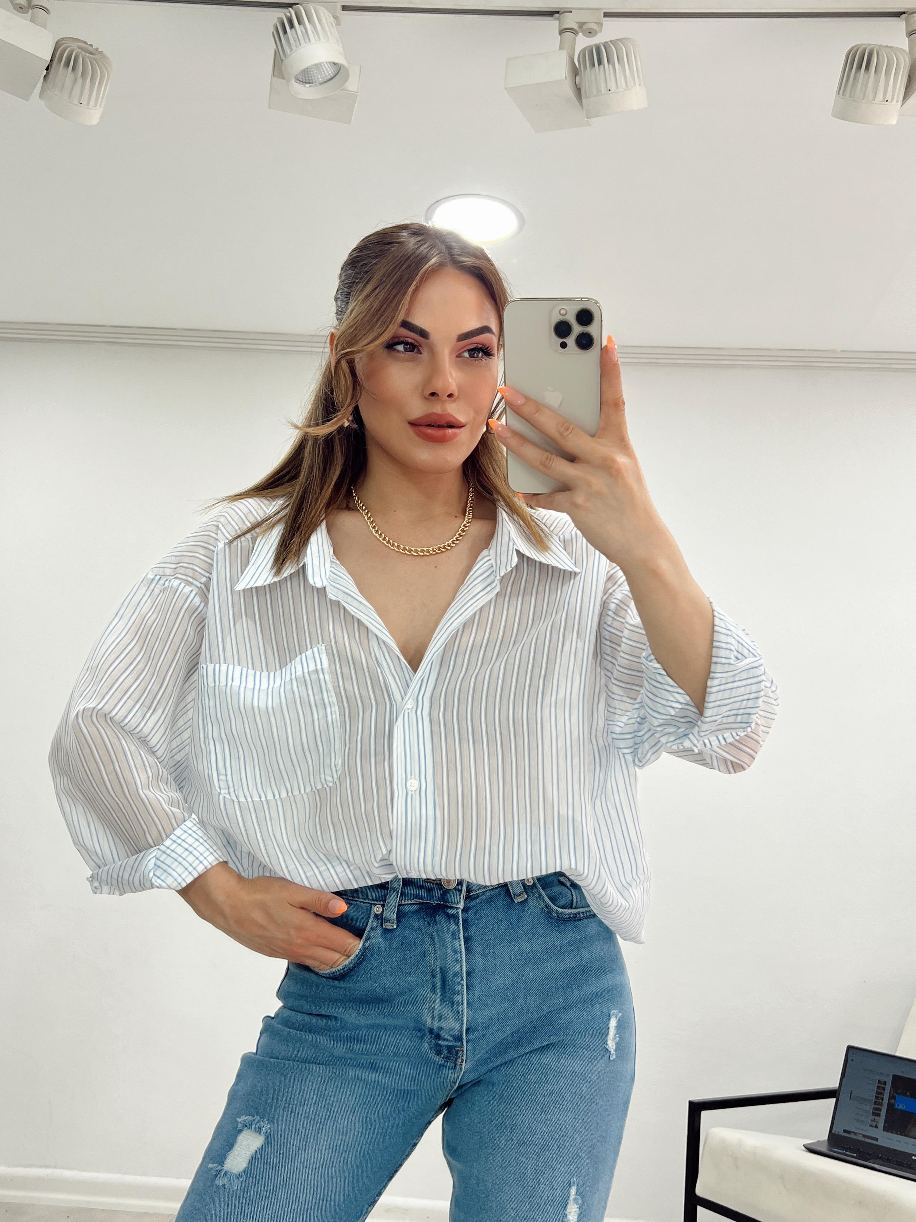 MAVİ ÇİZİGİLİ KETEN GÖMLEK